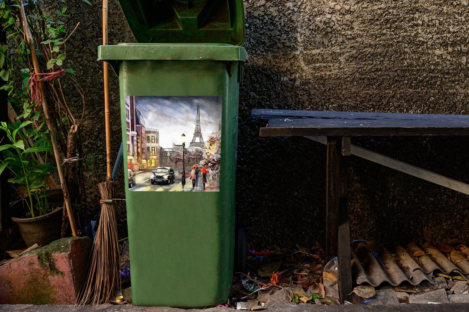 MuchoWow Wandsticker Gemälde - Paris Abfalbehälter Mülleimer-aufkleber, Öl (1 St), Sticker, - Frankreich - Container, Mülltonne
