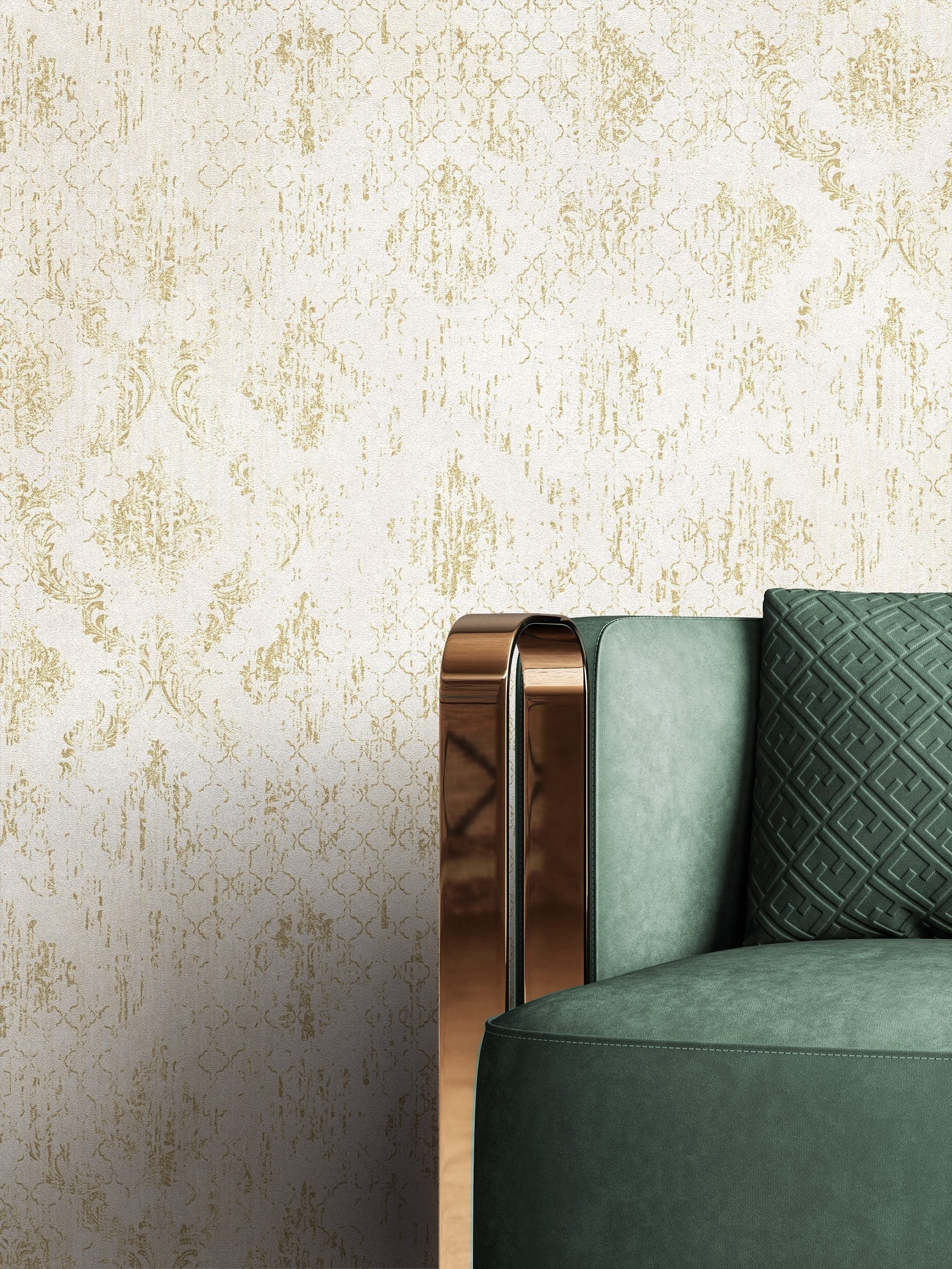 Newroom Vliestapete Lonza Creme Tapete Glanztapete Ornamente,Metallic, Creme Tapete Vintage Ornamente - Glanztapete Mustertapete Gold Retro Glamour Metallic für Schlafzimmer Wohnzimmer Küche, Mustertapete