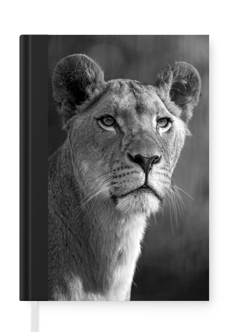 MuchoWow Notizbuch Porträt einer jungen Löwin vor verblasstem Hintergrund - schwarz und, Journal, Merkzettel, Tagebuch, Notizheft, A5, 98 Seiten, Haushaltsbuch