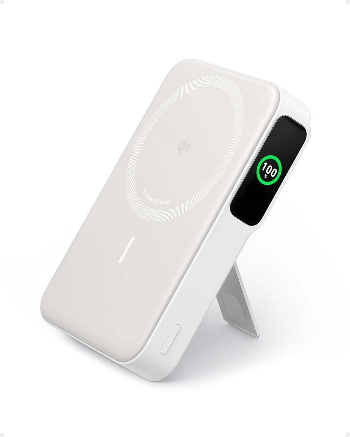 Anker Anker MagGo Powerbank, Smartes Display&klappbarer Ständer, 10.000mAh Powerbank Qi2-zertifiziertes 15W schnelles MagSafe-kompatibles mobiles Ladegerät, 10000 mAh (5 V), Für iPhone 17/16/15/14/13/12, Inkl. USB-C Kabel