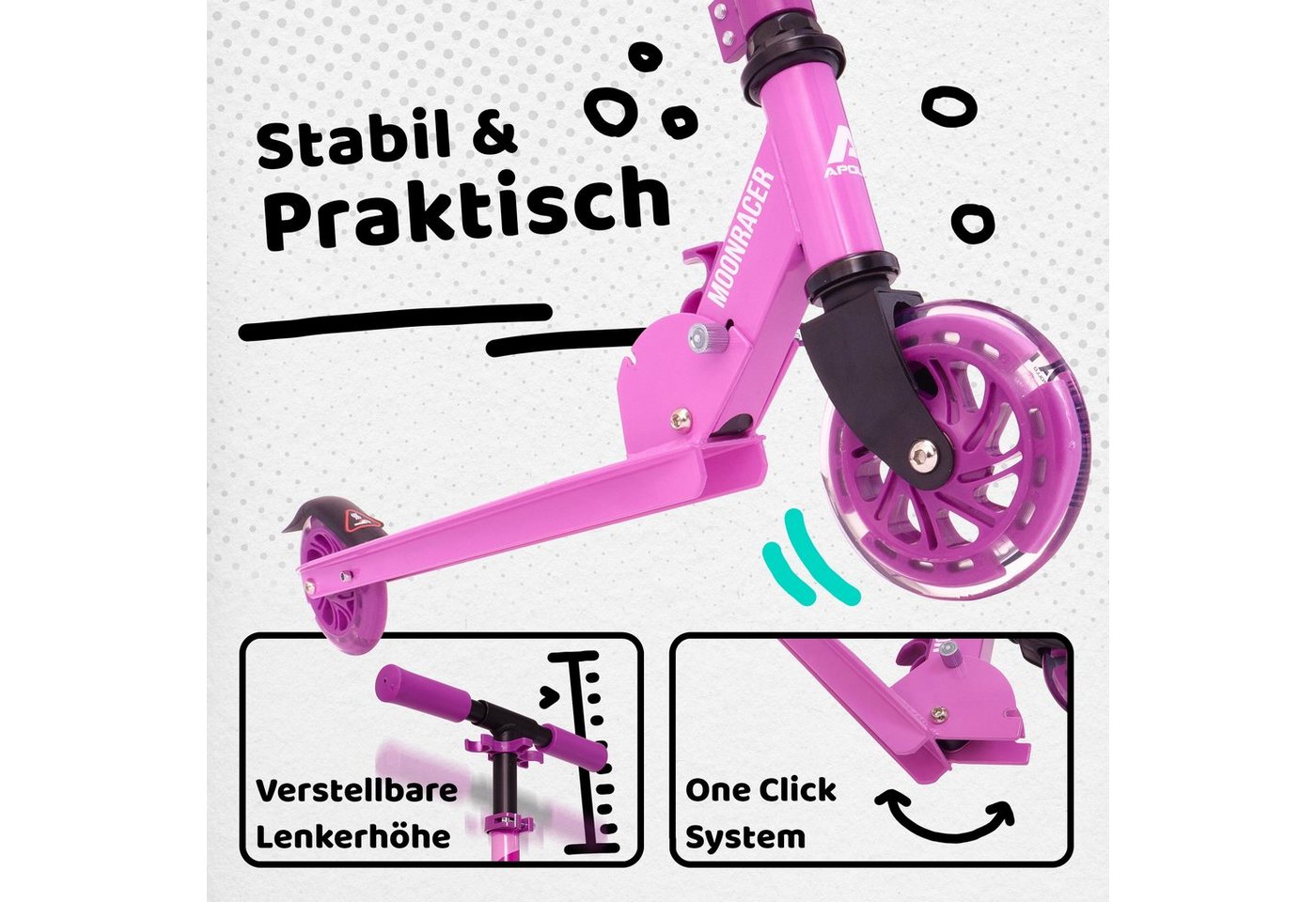 Thumbnail - Apollo Cityroller LED City Scooter Moonracer für Kinder - 125 mm Tretroller, Kinderroller ab 4 Jahre klappbar und höhenv...