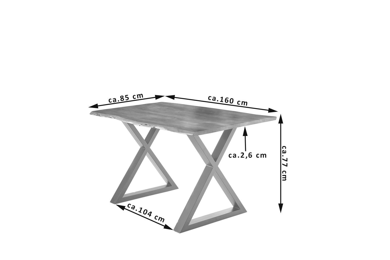 SAM® Baumkantentisch SilverX, Akazienholz, echte Baumkante, Metallgestell X-Form unten geschlossen