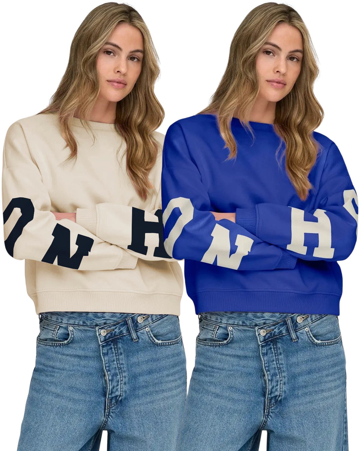 ONLY Rundhalspullover (2er-Pack) Stylischer Loose Fit Pullover mit trendigem Aufdruck