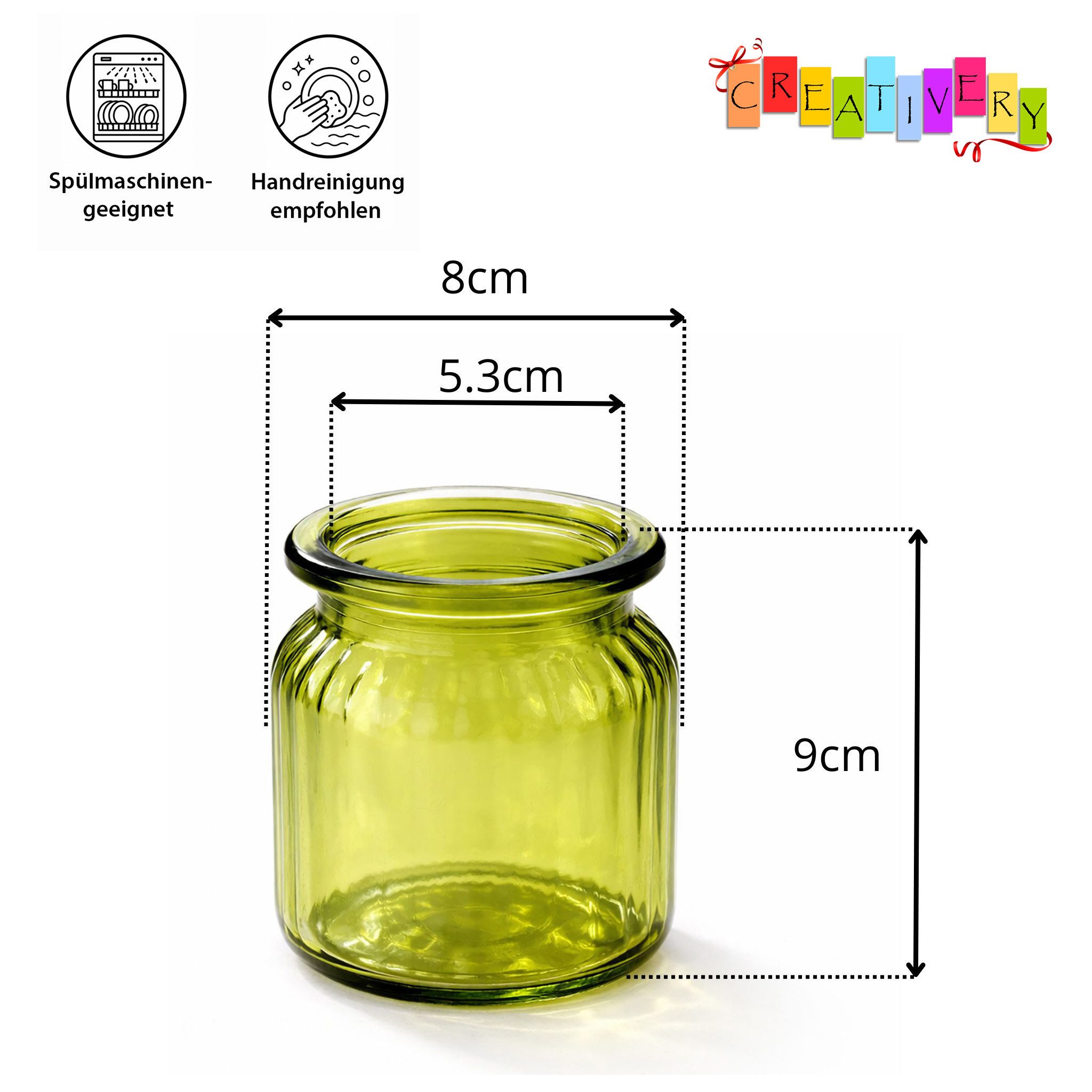 Creativery Papierserviette, Windlicht Glas gerillt 8x9cm 4er Set grün