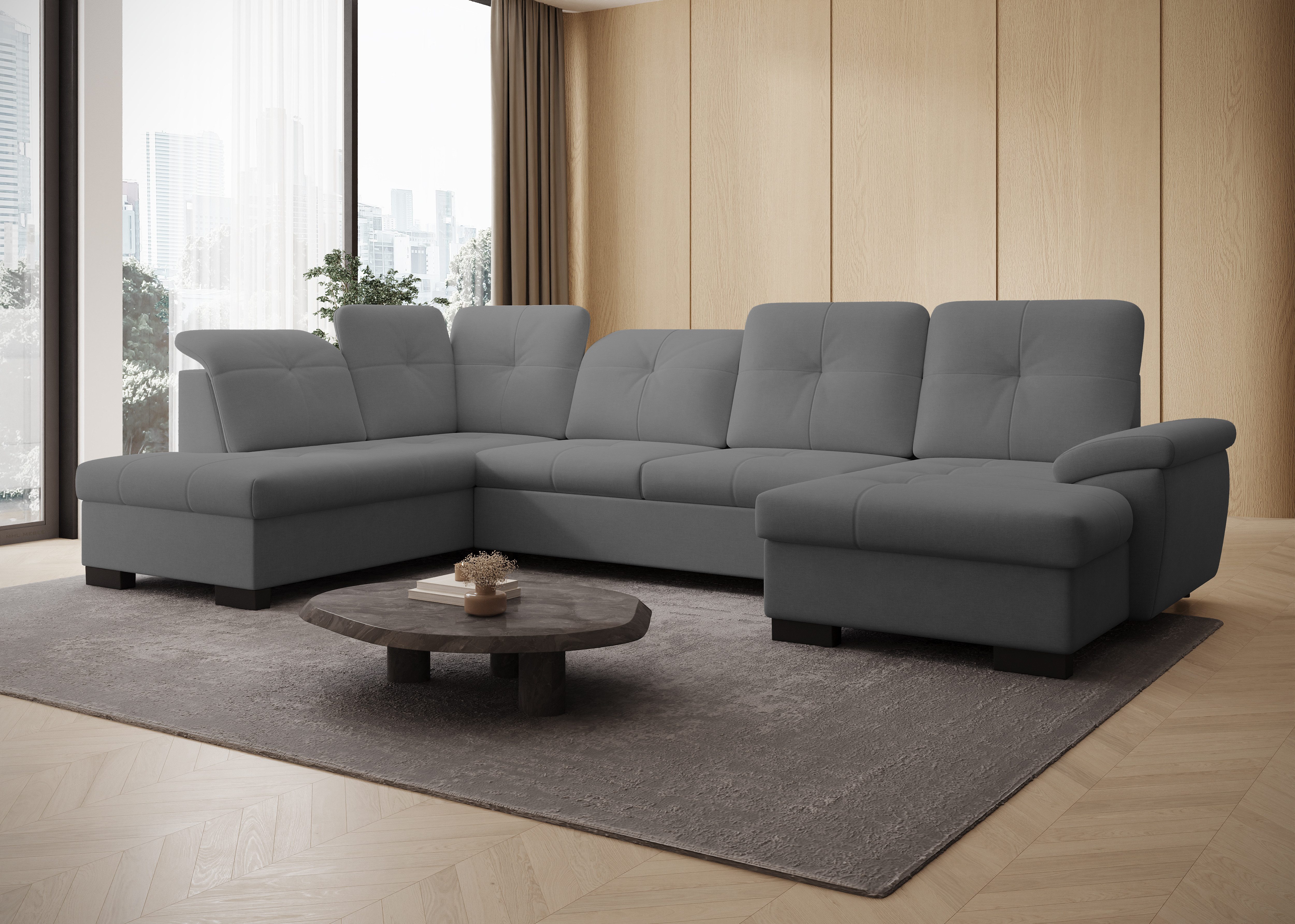 PROMETO Möbel Ecksofa U-Sofa Verstellbare Kopfstütze, Schlaffunktion Bettkasten Magari, Verstellbare Kopfstütze, Bettkasten, Schlaffunktion