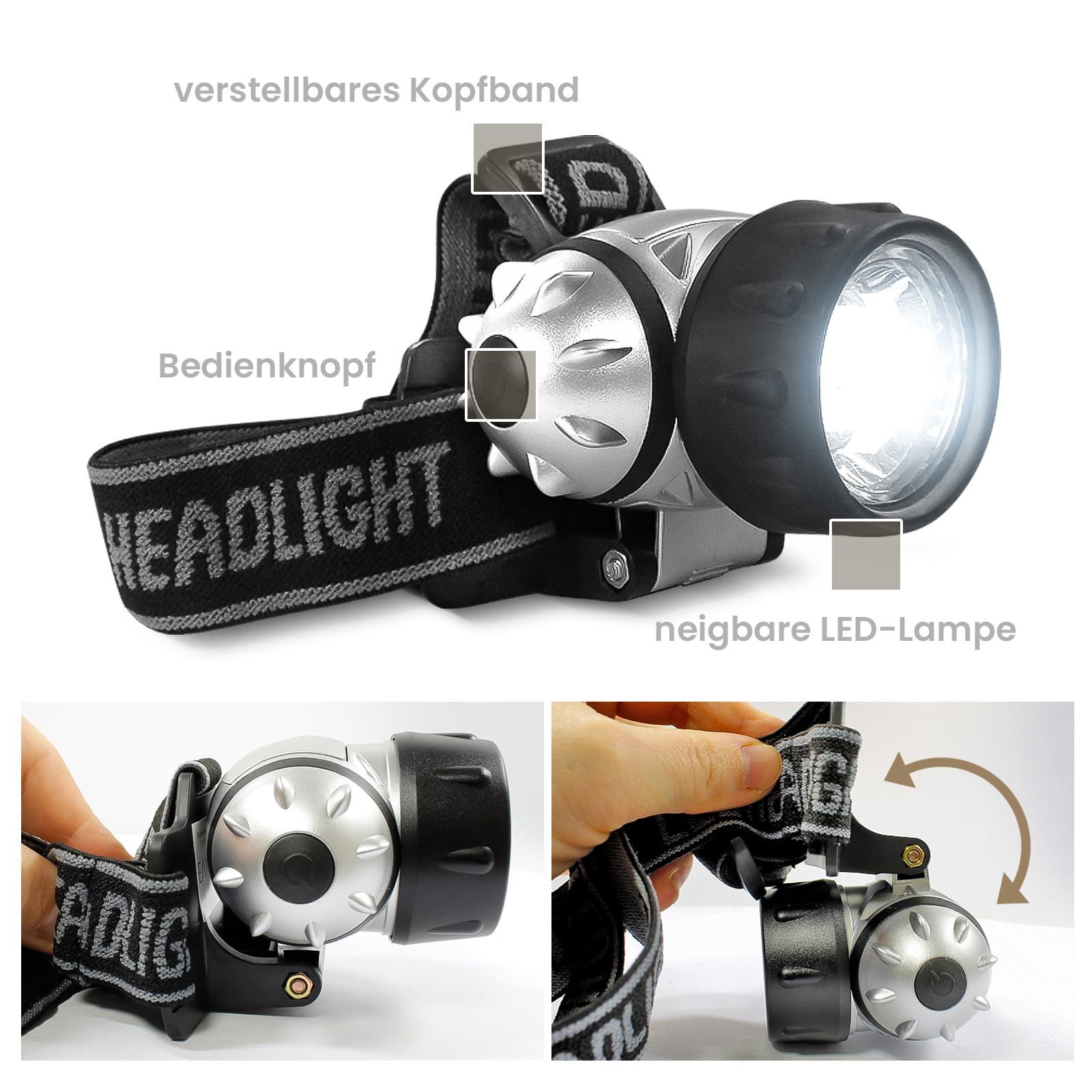 EAXUS LED Stirnlampe LED Stirnleuchte/Kopflampe mit 7 LEDs, Dimmbar über 3 Leuchtmodi, Wasserfest nach IP44