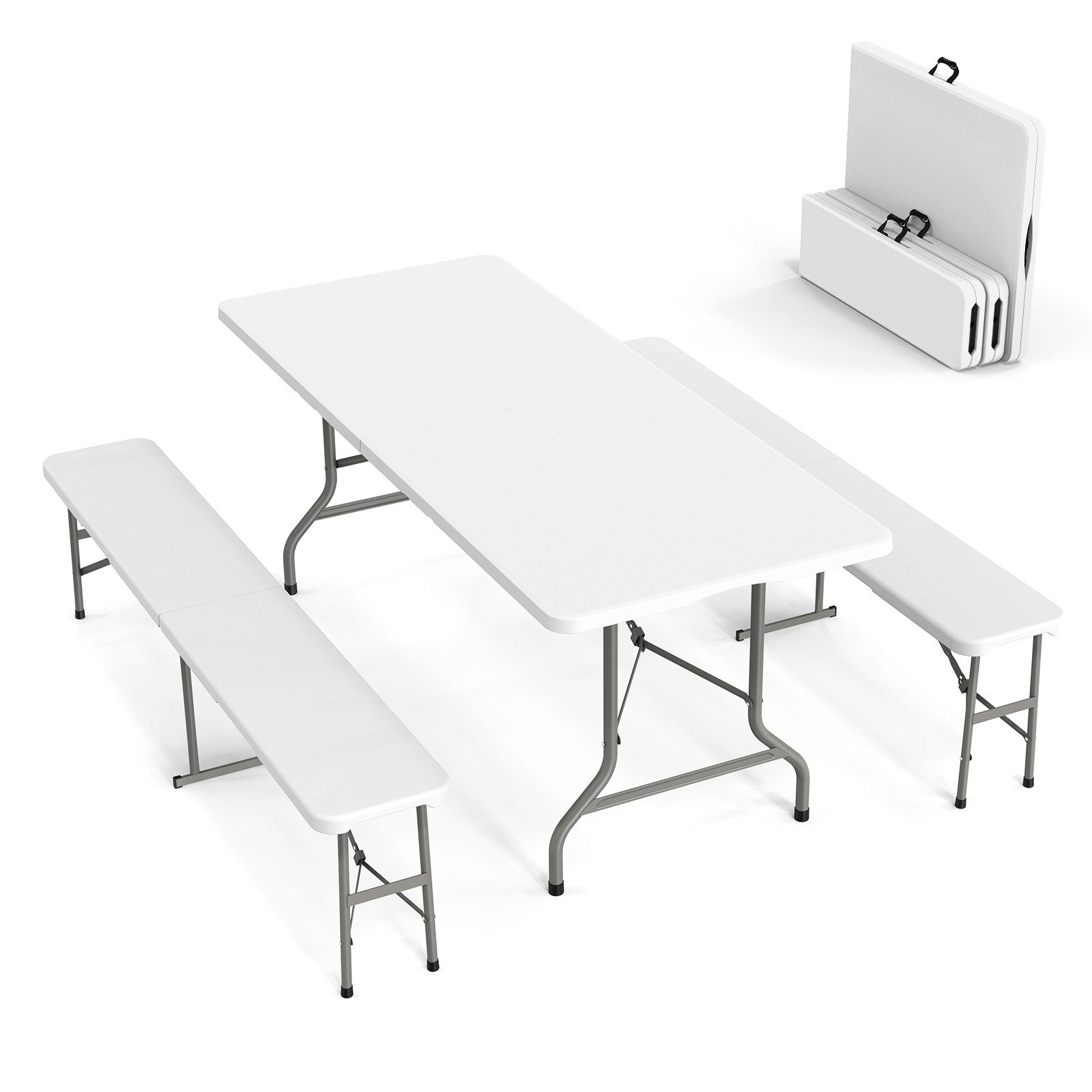 VINGLI Bierzeltgarnitur 3-teiliges Gartenmöbel Set, Klapptisch & 2 Klappbänke aus HDPE, (3-tlg), Faltbares Camping-Möbelset für Innen & Außen, 183×76×74 cm, Weiß