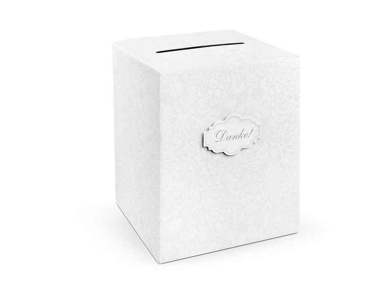 partydeco Dekokiste, Kartenbox mit Aufdruck Danke 25x30cm mit Ornament Motiv weiß / silber