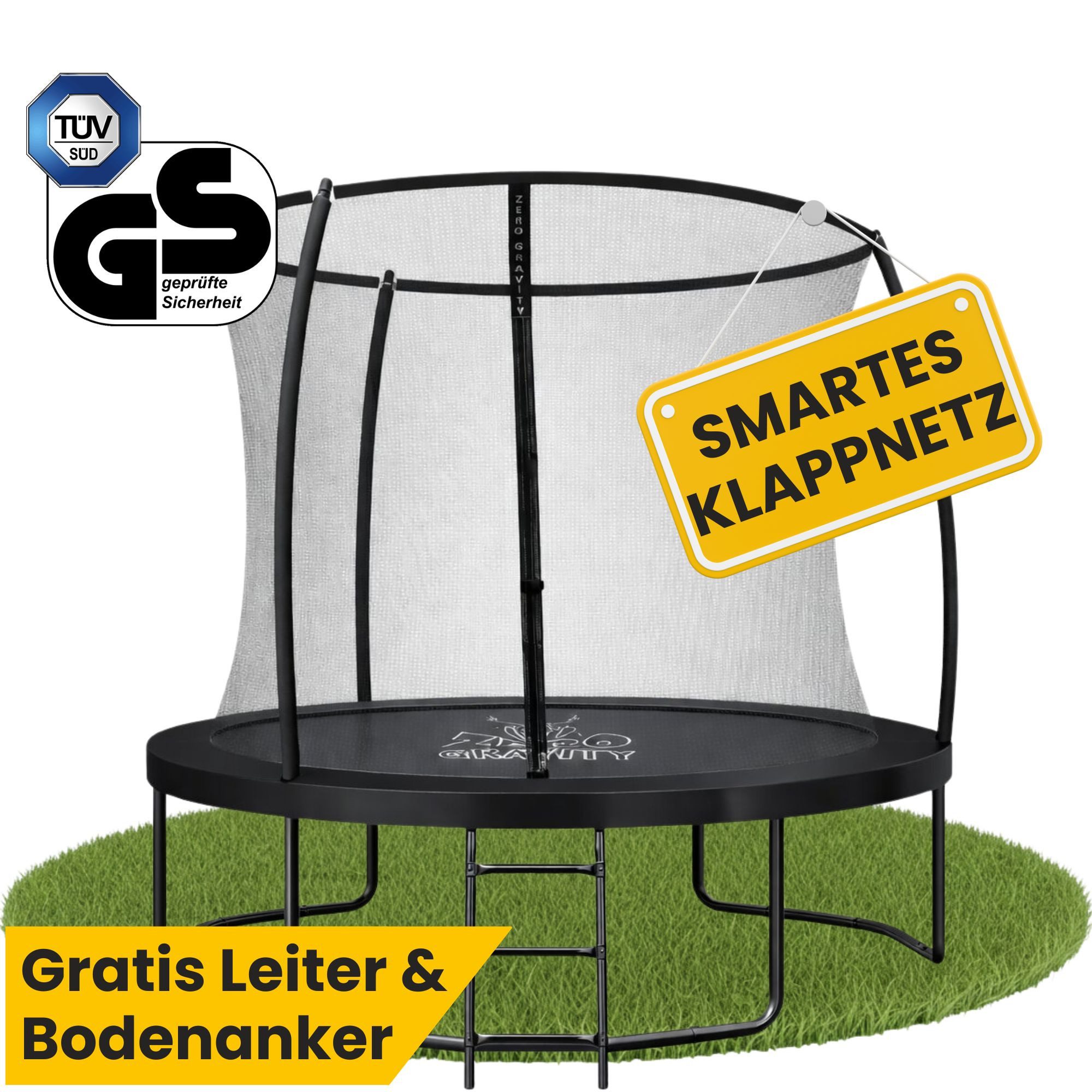 Zero Gravity Gartentrampolin Trampolin Outdoor Ø183/244/305/366/427cm mit smartem Klappnetz, Ø 244 cm, TÜV GS geprüfte Sicherheit