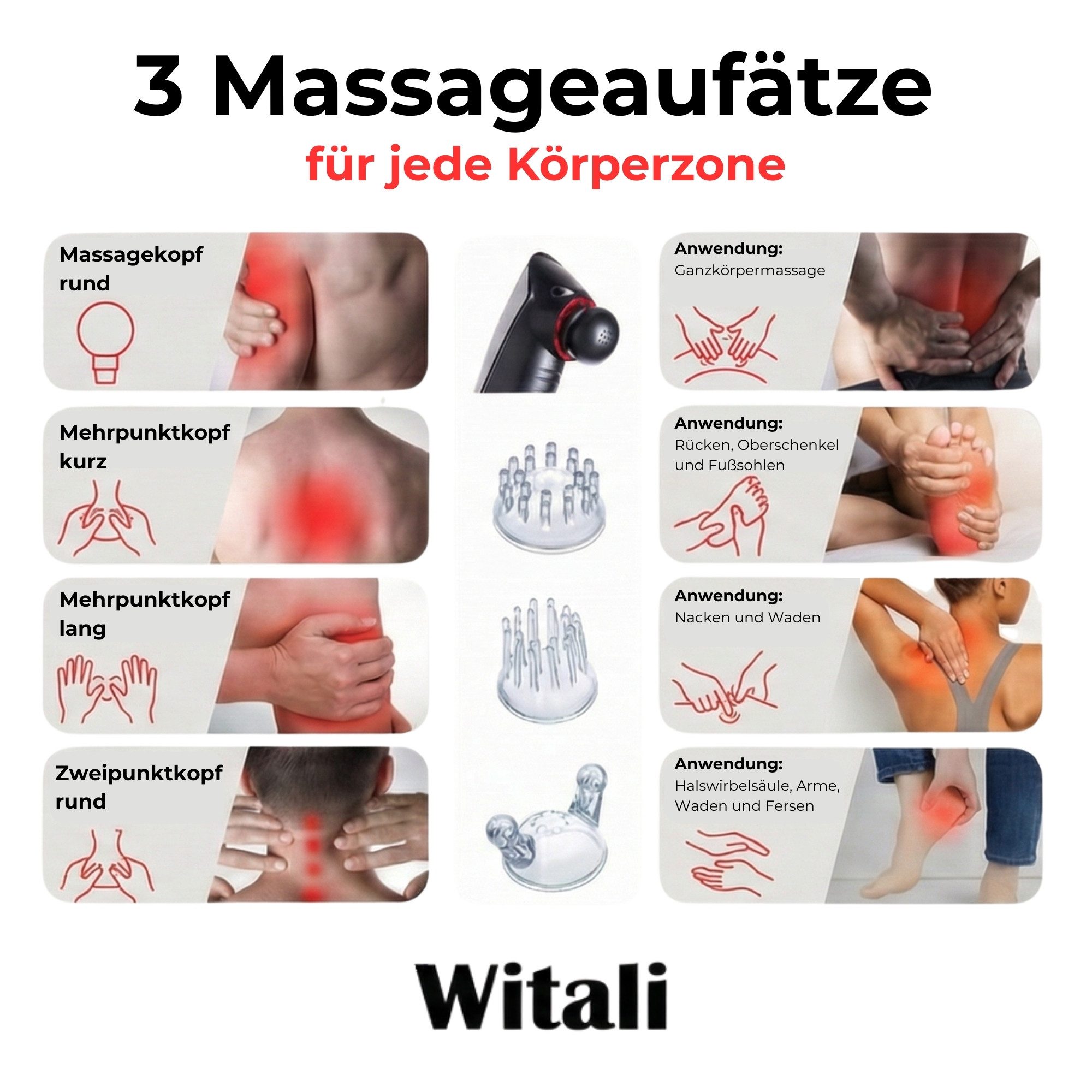 smartEC Massagegerät Witali elektrisches Handmassagegerät inkl. 3 Massageaufsätzen