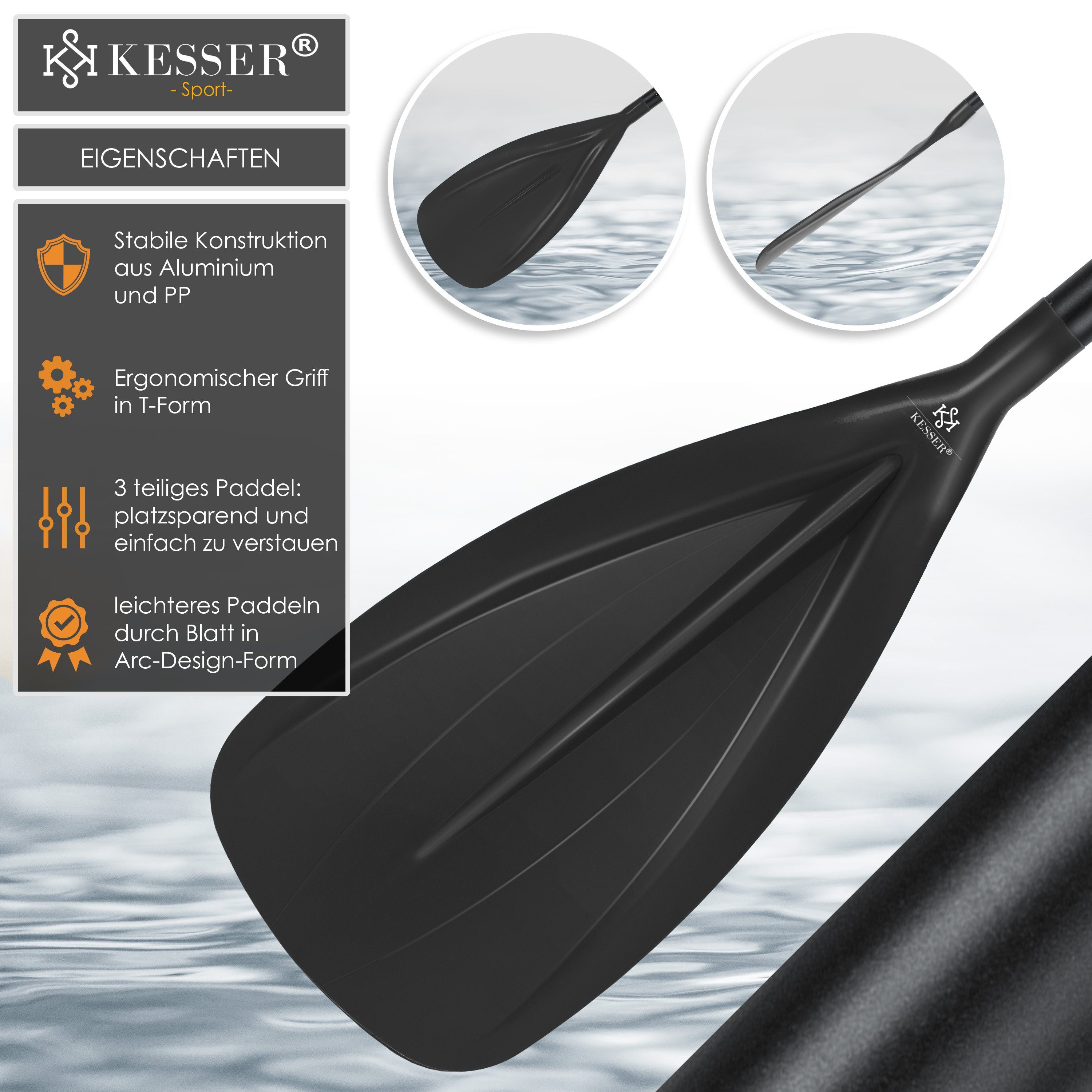 für Stand-Up Kayak Board KESSER schwarz Paddle Paddling SUP SUP-Paddel, 3-teilig