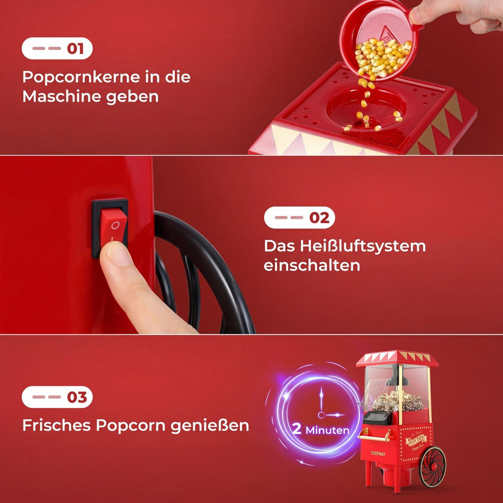 COSTWAY Popcornmaschine, 1200W Heißluft Popcorn Maker Ohne Öl, 2 Minuten