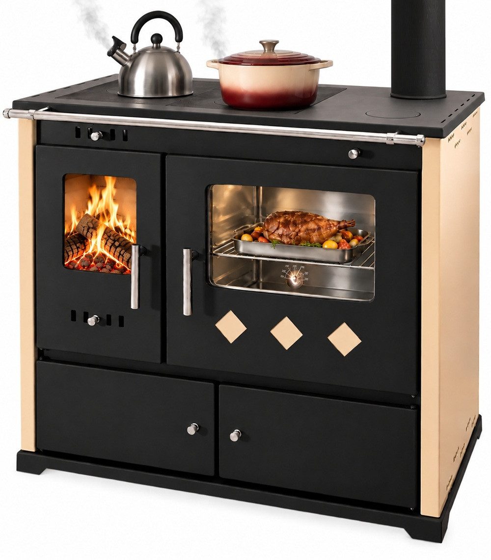 Prometey Festbrennstoffherd XL-Küchenofen Holzherd PR LUX INOX mit Edelstahlbackfach, 9.4 kW