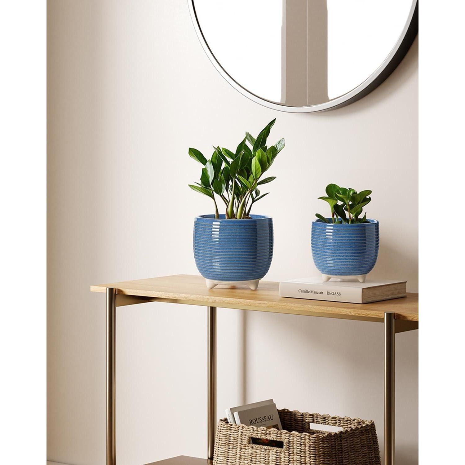 LuxusKollektion Blumentopf Blumentopf Keramik 12cm 16cm 2er Set Abflussloch Reaktive Glasur Blau