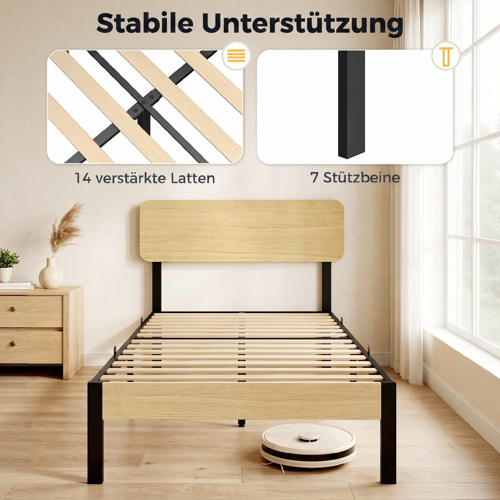 HOMCOM Bettgestell Bett 90 x 200 cm mit Kopfteil, Lattenrost, Unterbettaufbewahrung (Set, 1-tlg., Einzelbett), für Schlafzimmer, Gästezimmer, Natur – Bild 4 von 5