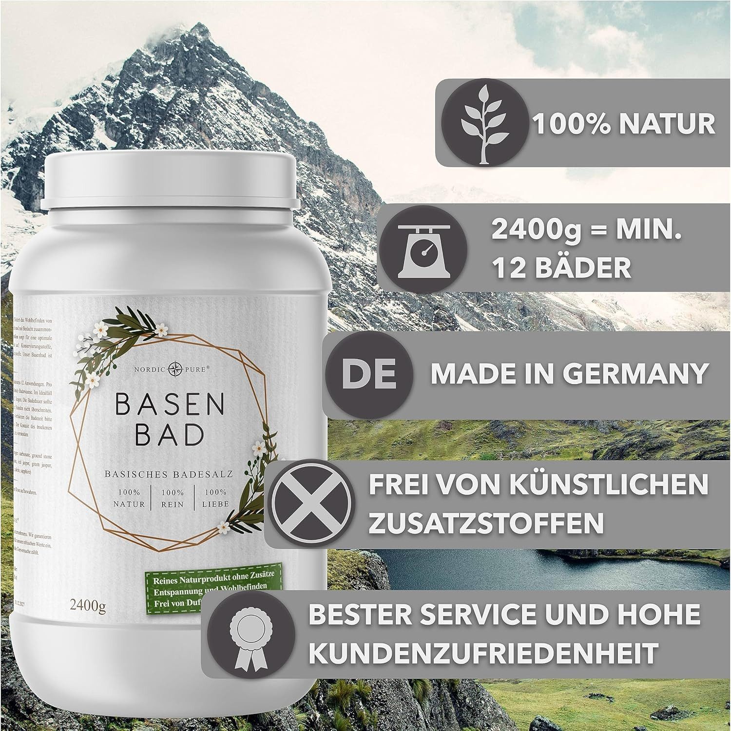 Nordic Pure® Badezusatz Nordic Pure Basenbad, Badesalz zur Entspannung sensibler Hauttypen – 12 Anwendungen