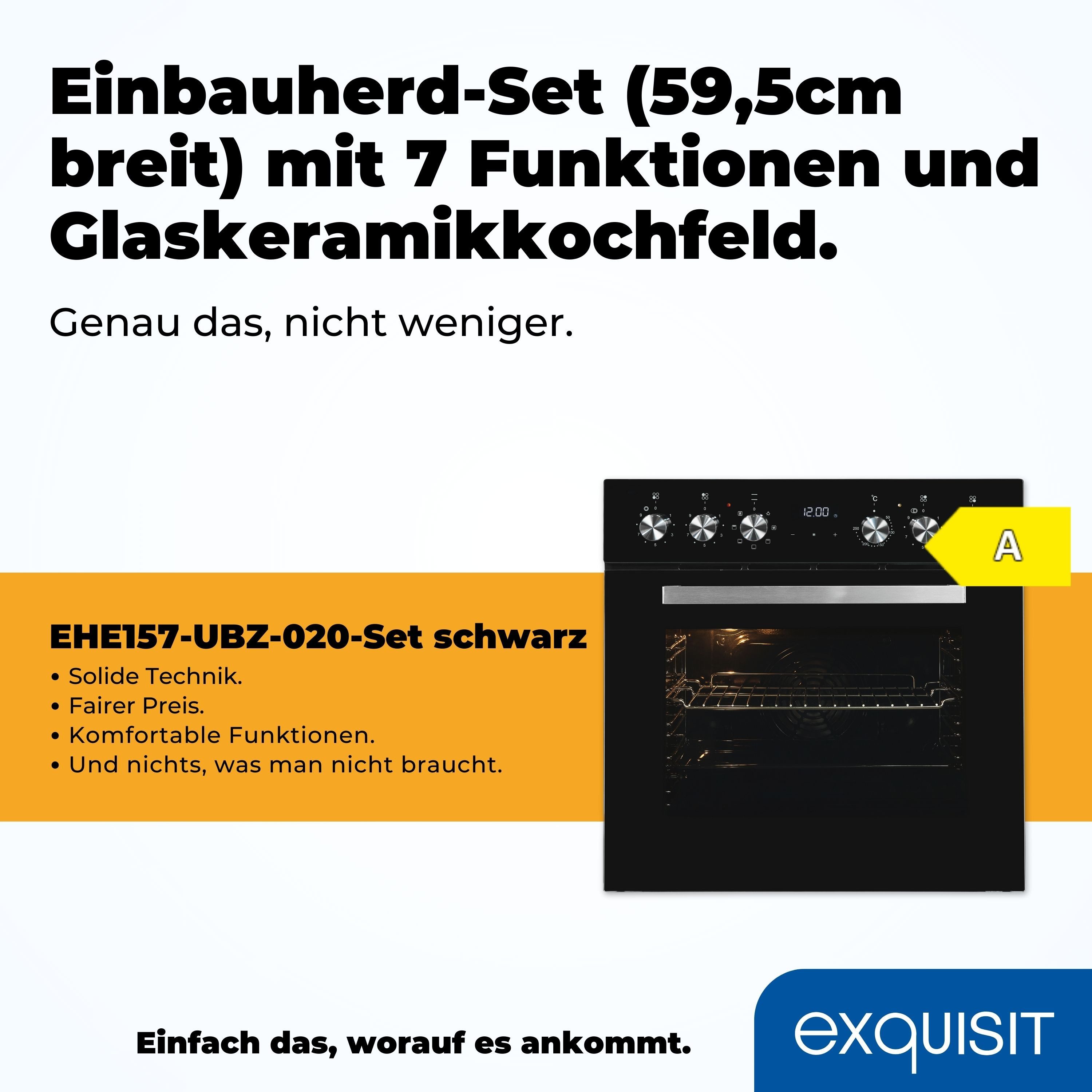 exquisit Elektro-Herd-Set EHE157-UBZ-020, mit Teleskopauszug nachrüstbar, Umluft für gleichmäßige Wärme ideal für Plätzchen auf mehreren Blechen