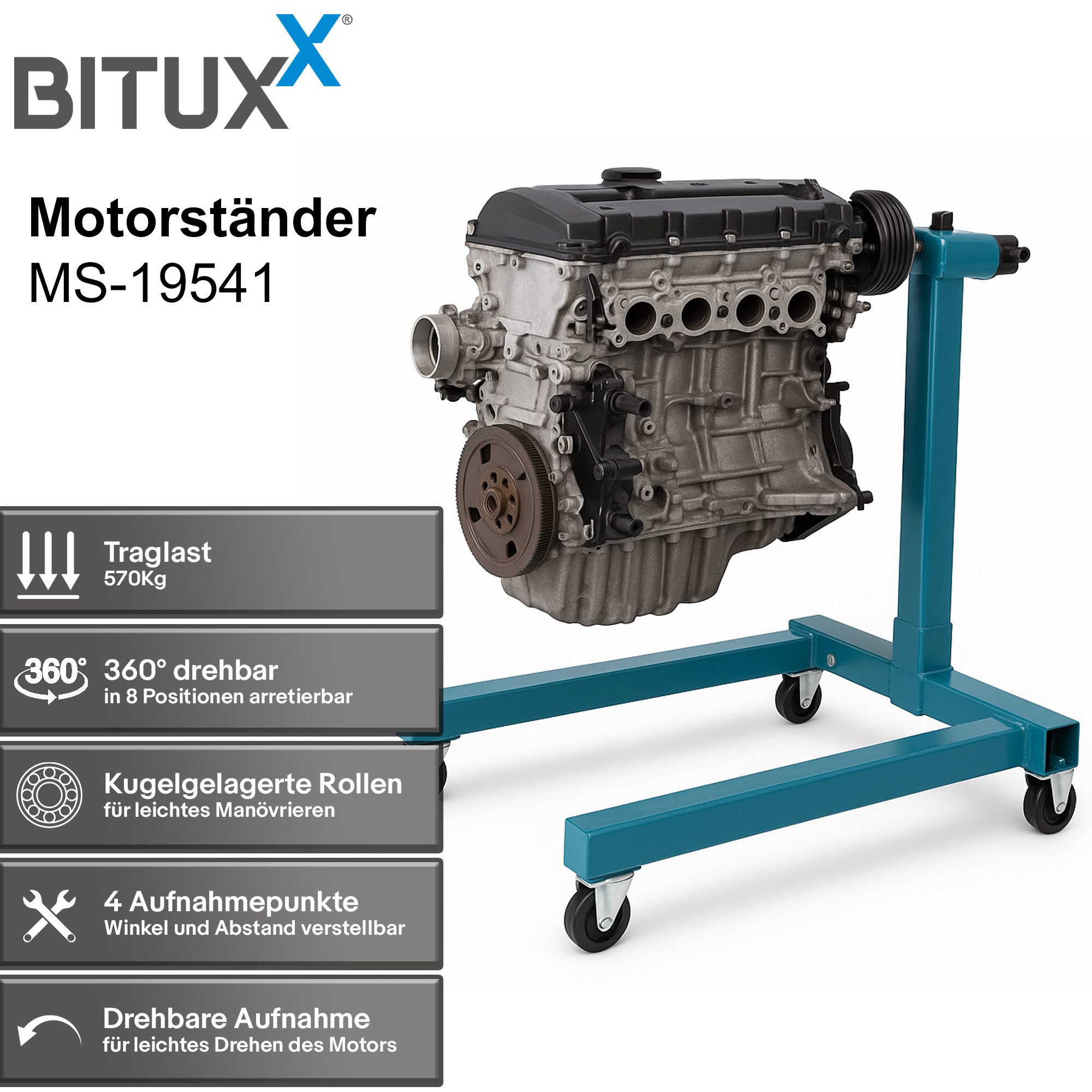 Bituxx Motorhalterung Bituxx Motorständer Blau (MS-19541), Tragkraft: 570 kg (Geeignet nur für Motoren bis 4 Zylinder)