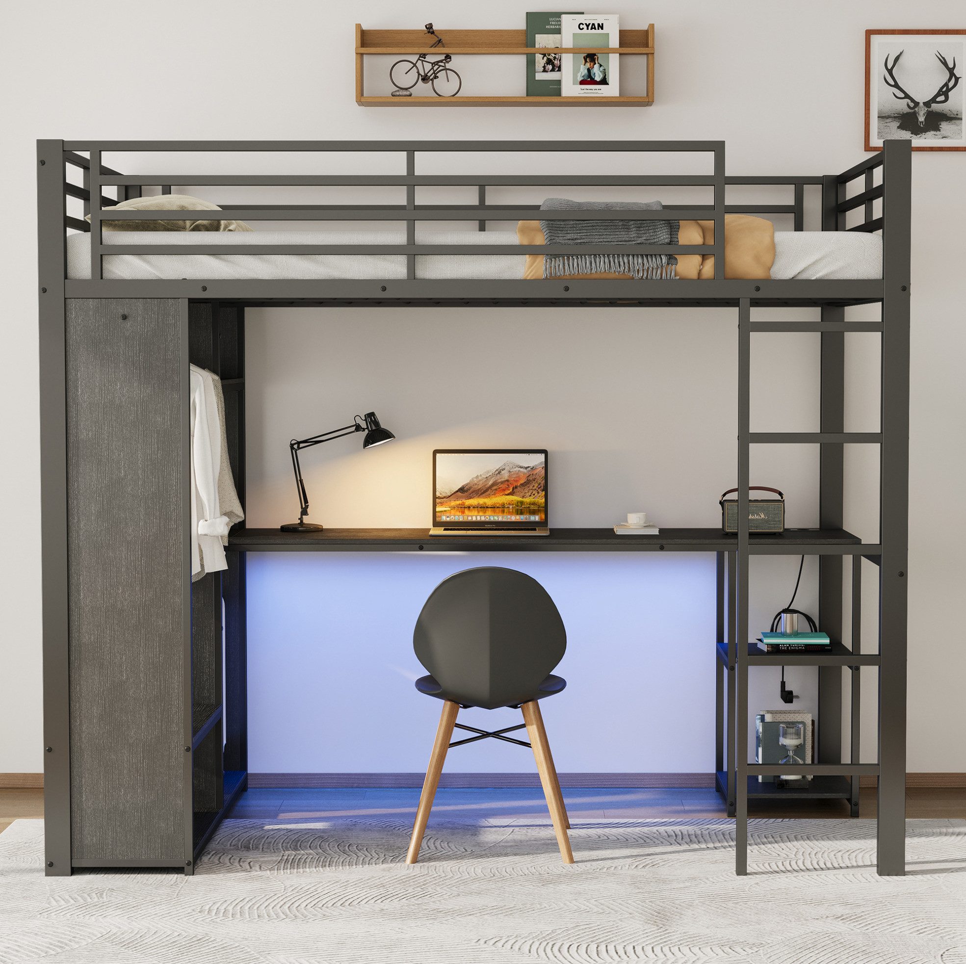 MODFU Hochbett Metall Hochbett 90x200 cm Schwarz – Bett mit Schreibtisch (Packung, 1-St., Eisenrahmen Konstruktion, LED Beleuchtung, Steckdose USB/Type-C) Ablageflächen, Regalsystem, Kleiderschrank offen, ohne Matratze