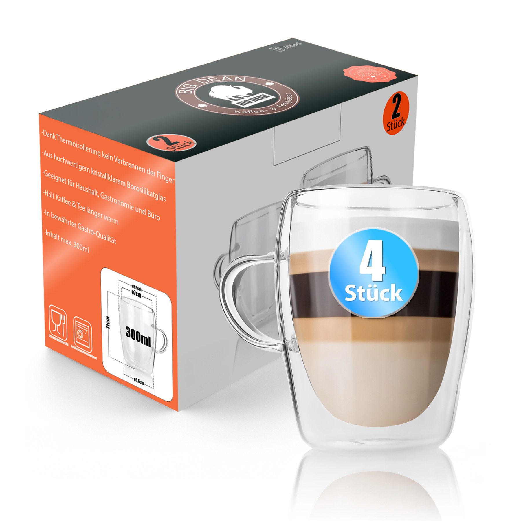 BigDean Latte-Macchiato-Glas 4 Stück doppelwandige Latte Macchiato Gläser mit Henkel 300 ml, 4-tlg., Glas, Borosilikat Glas, Spülmaschinenfest, Lebensmittelecht