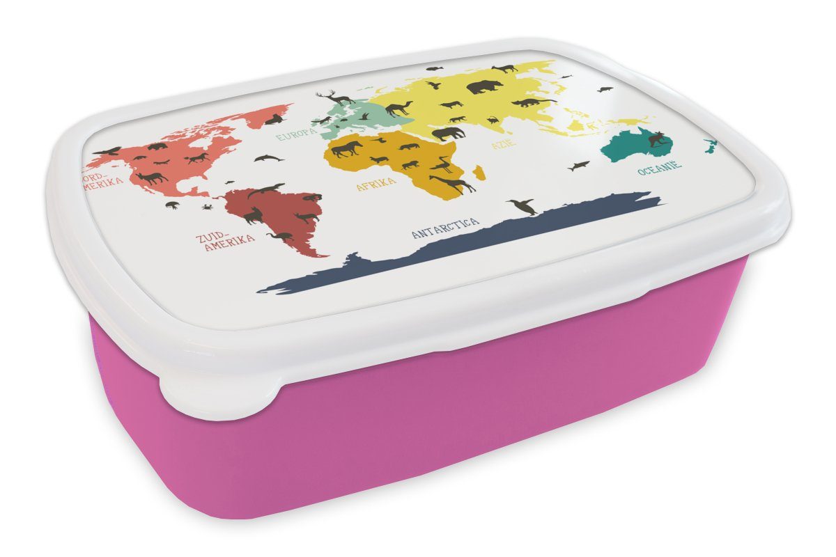 MuchoWow Lunchbox Weltkarte - Kinder - Tiere - Rosa - Orange - Jungen - Mädchen, Kunststoff, (2-tlg), Brotbox für Erwachsene, Brotdose Kinder, Snackbox, Mädchen, Kunststoff