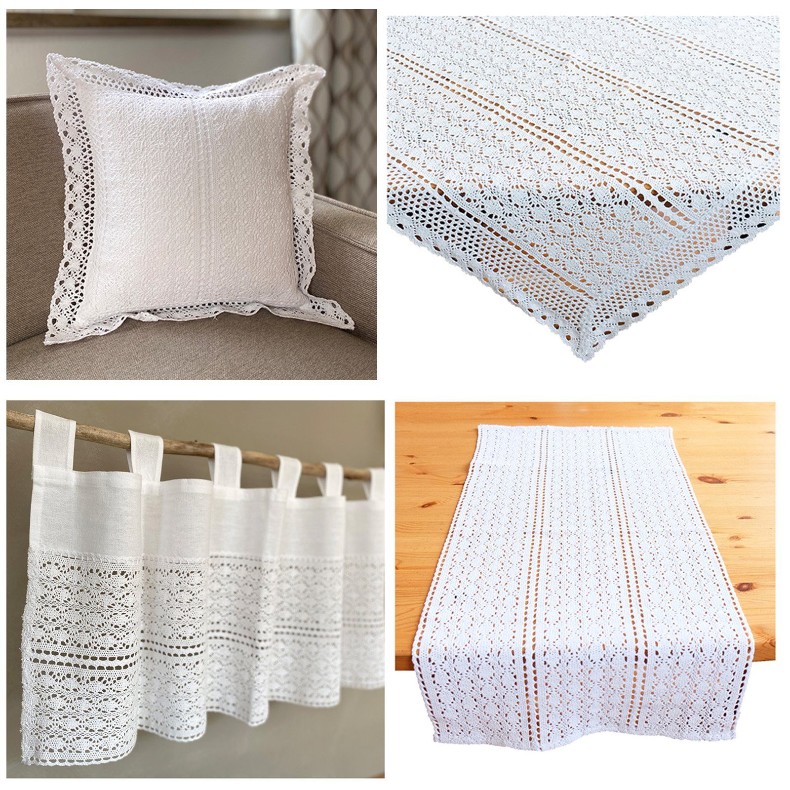 heimtexland Scheibengardine Deko Set Häkelspitze Gardine Kissen Tischdecke günstig online kaufen