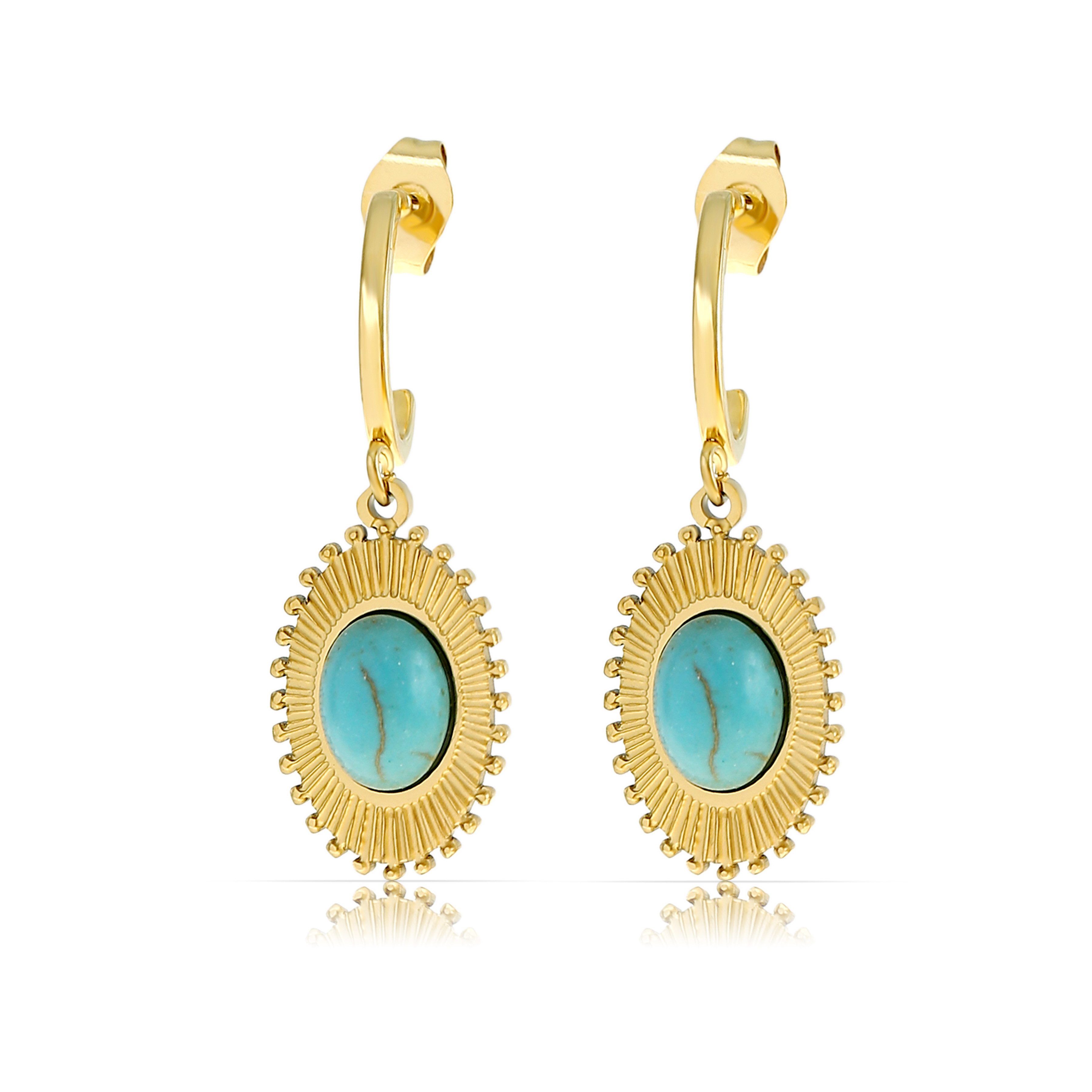 Made by Nami Ohrring-Set Gold Hängend mit Sonnen Anhänger und Edelstein Oval, aus Chirugischem Edelstahl - Hypoallergen - Wasserfester Schmuck