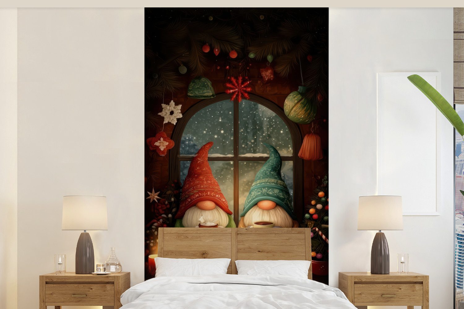 MuchoWow Fototapete Wichtel - Weihnachten - Fenster - Farbenfroh, Matt, bedruckt, Vliestapete für Wohnzimmer Schlafzimmer Küche, Fototapete, 120x240 cm