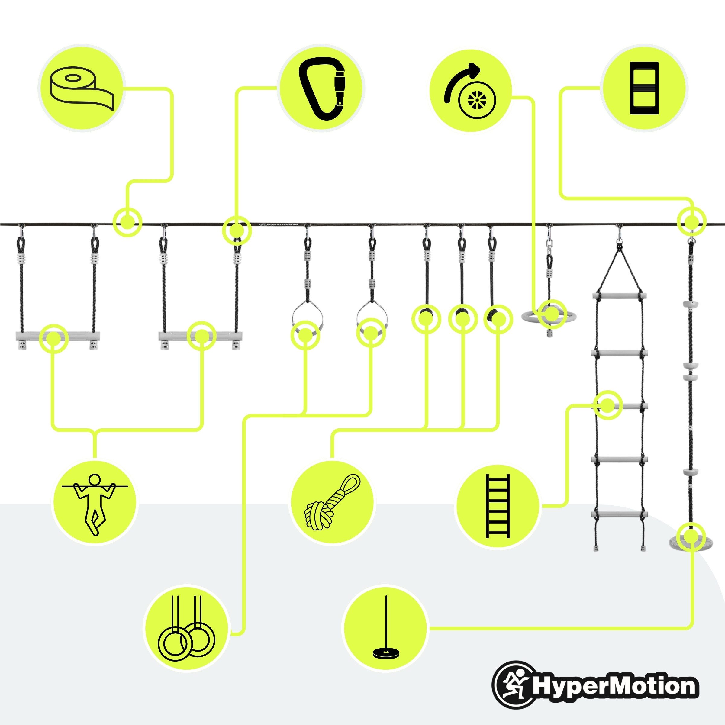 HyperMotion Slackline Ninja Slackline Parcours für Kinder – Mit 10 Hindernissen & Tasche