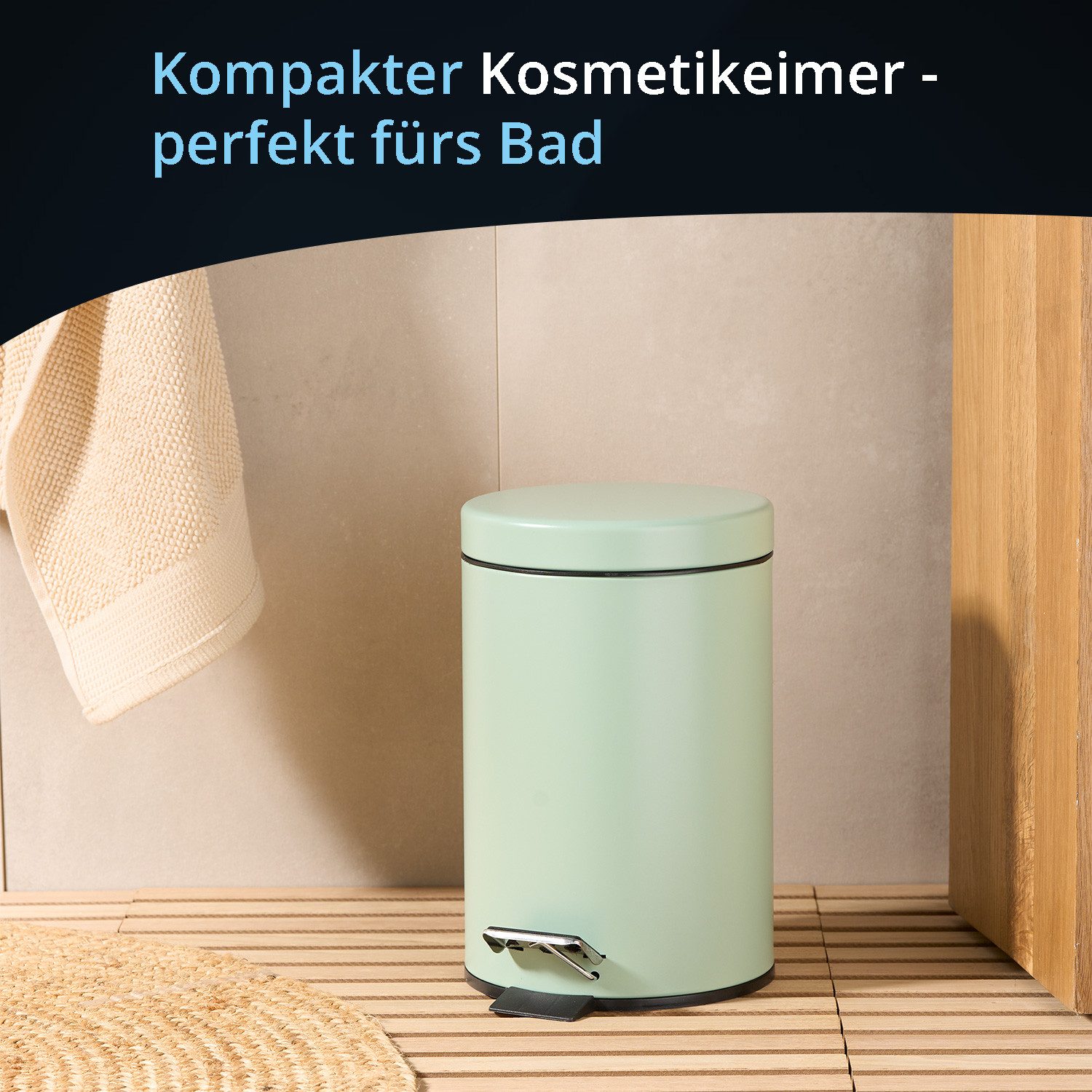 KHG Kosmetikeimer Mülleimer Mint 3 Liter mit Trittmechanismus, Aluminiumgehäuse mit Griff, herausnehmbarer Inneneimer aus Kunststoff