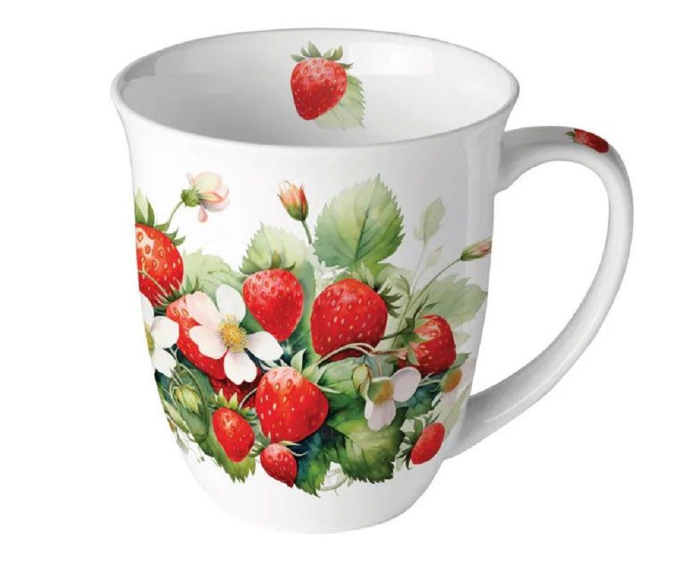 Ambiente Luxury Paper Products Becher Porzellan Mug Kollektion Planzen,Tiere, Vogel, 1-tlg., Porzellan Tasse Planze, Erdbeeren / Themen : Essen - Trinken, Herbst, Winter, Frühling, Tee/Kaffee Tasse-, Ideal Als Geschenk