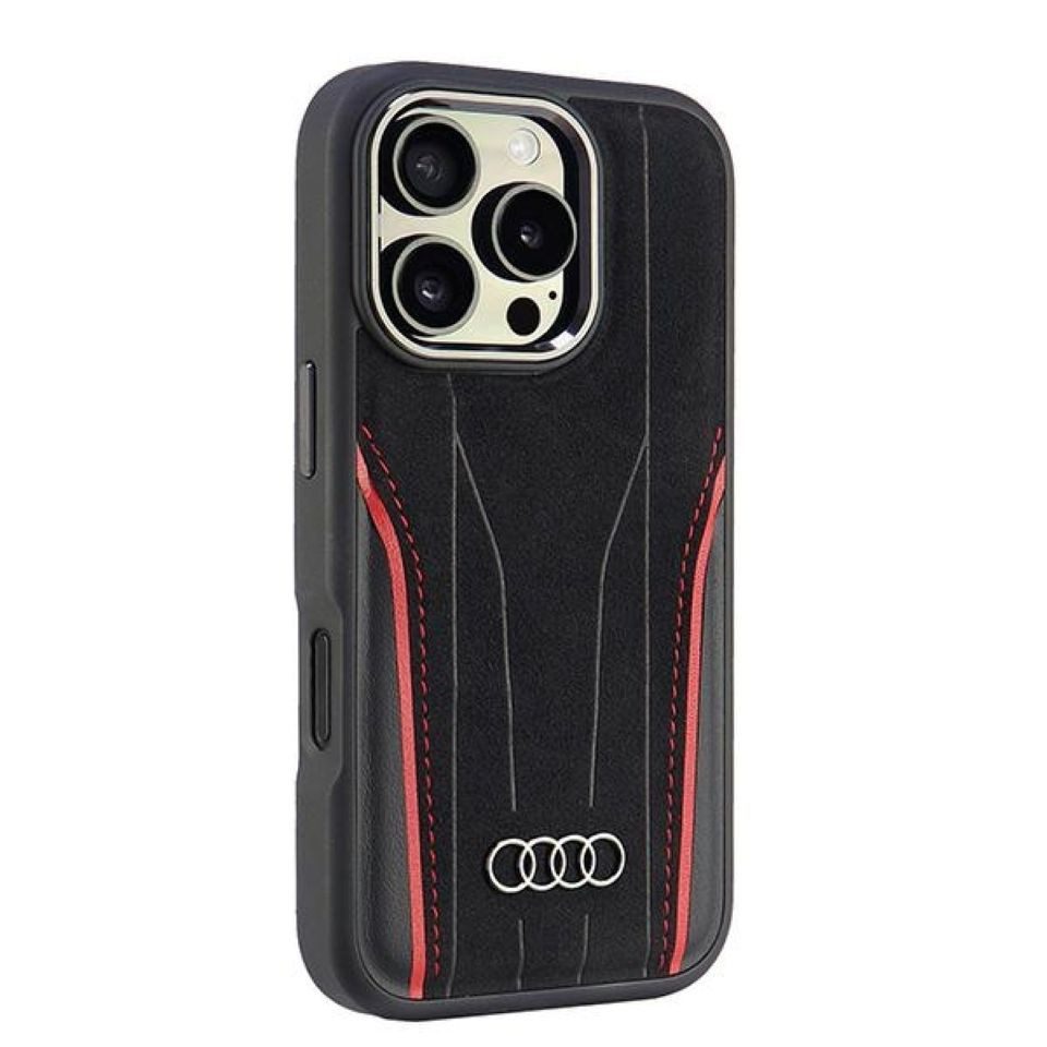Audi Handyhülle iPhone 16 Pro Echtleder MagSafe schwarz rot Logo 6,3 Zoll, Kantenschutz