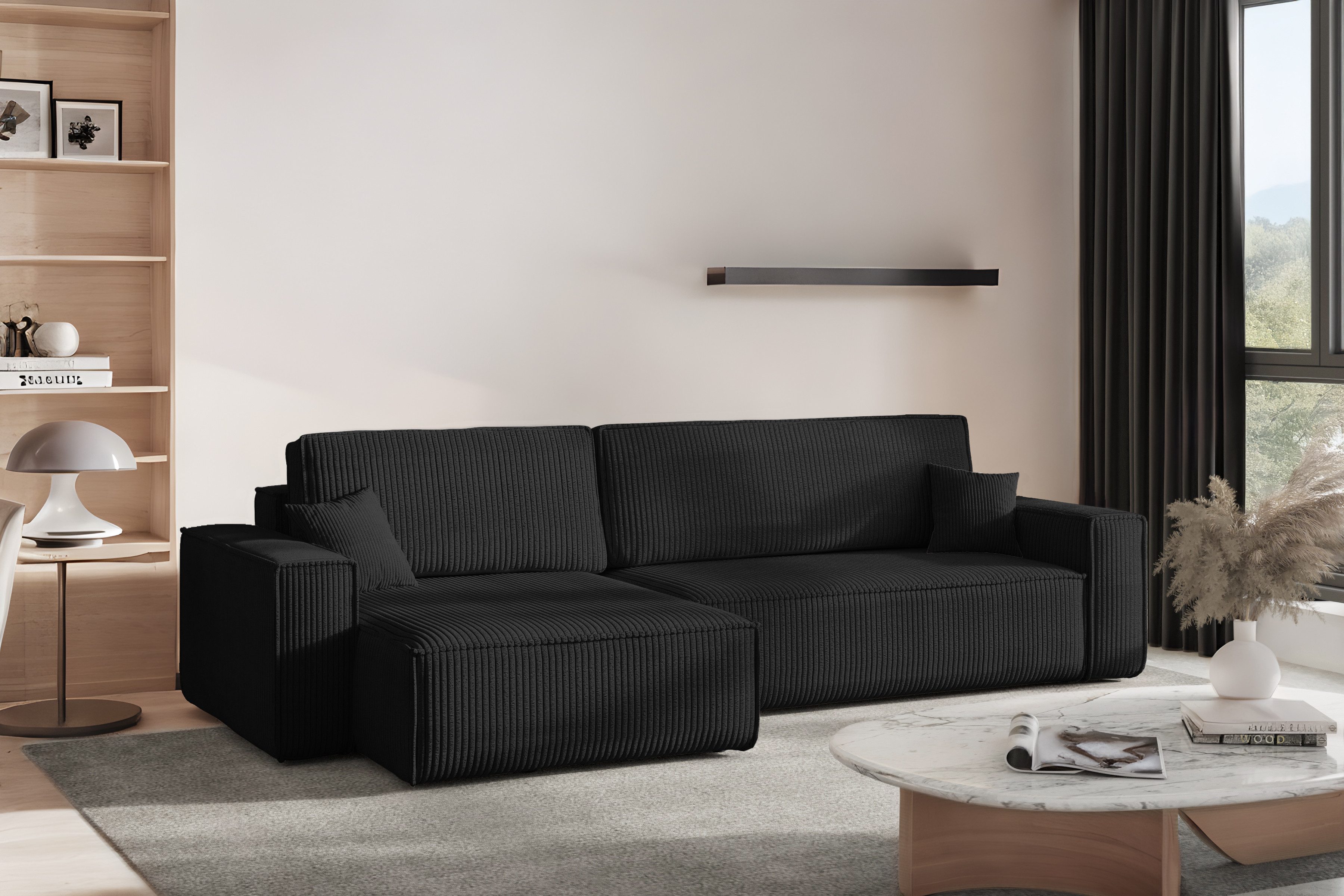 yourhouse24 Ecksofa Gepolstertes KARL XL L-Form, Cord&Bouclé-Stoff, mit Schlaffunktion und Bettkasten, Seite universal