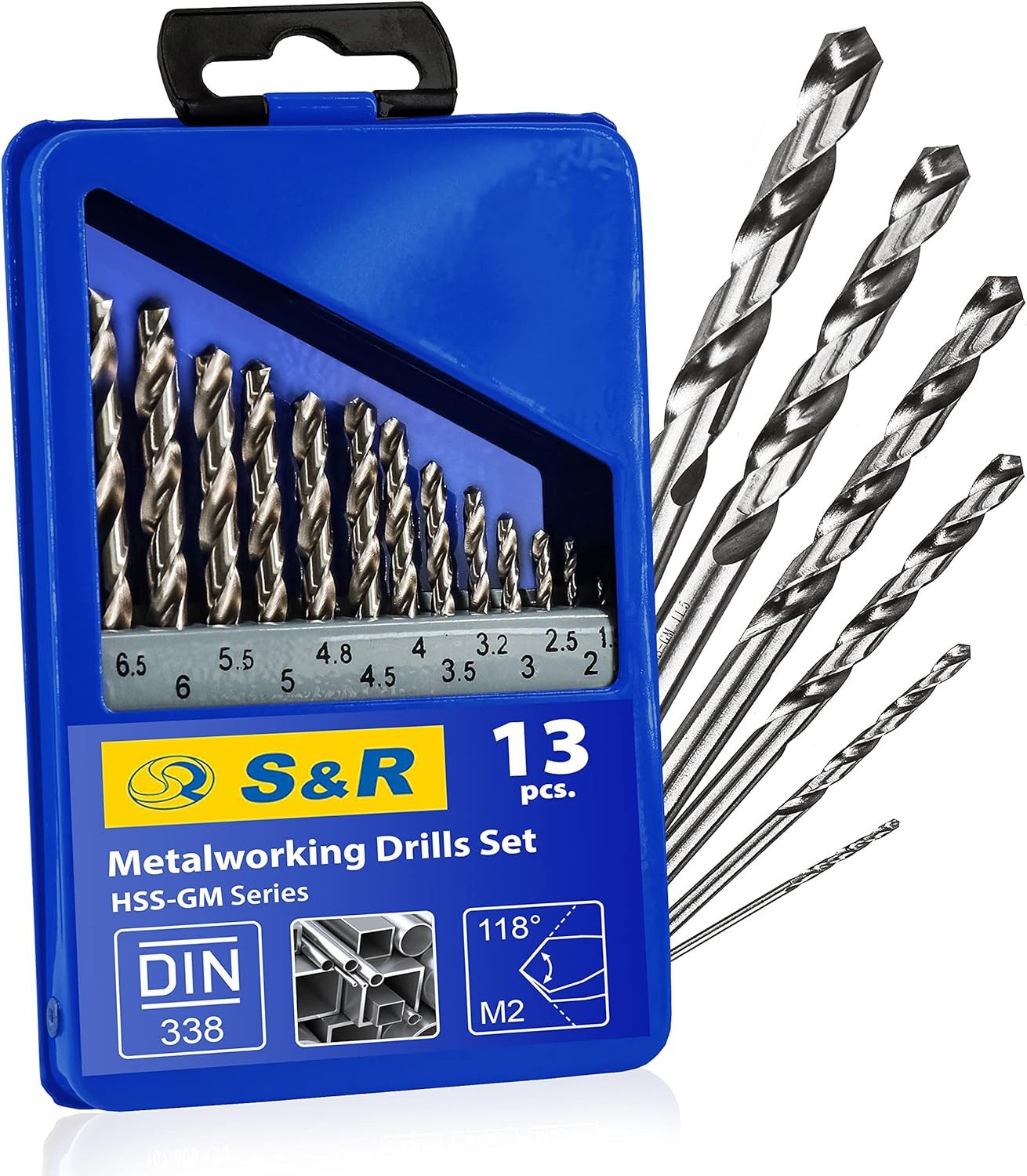 S&R Metallbohrer GM-Serie, DIN 338, geschliffen, Hochleistungsschnellarbeits-Stahl, (Set, 13-tlg: 1,5-6,5 mm), HSS Spiralbohrer in Profi-Qualität, robuste Metallbox