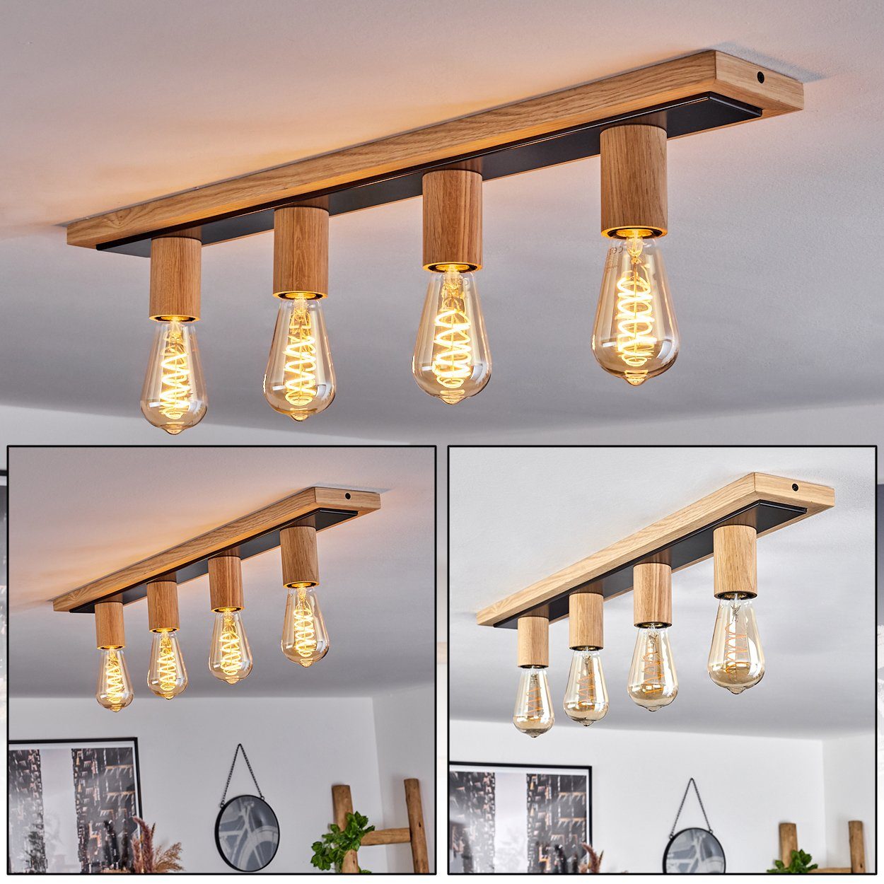 hofstein Deckenleuchte moderne Deckenlampe aus Holz/Metall in  Natur/Schwarz, ohne Leuchtmittel, längliche mit verstellbaren Schirmen, 4x  E27