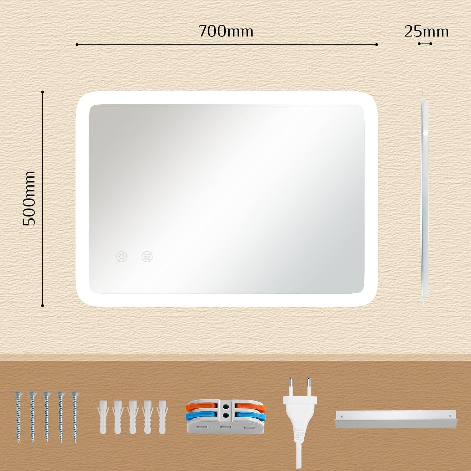 TLGREEN Badspiegel mit Beleuchtung,LED Spiegel mit 3 Lichtfarben dimmbar, (gehärtetes Glas und mattierter Rand, Touch-Schalter, Memory-Funktion, beschlagfrei, Badezimmerspiegel mit Licht)