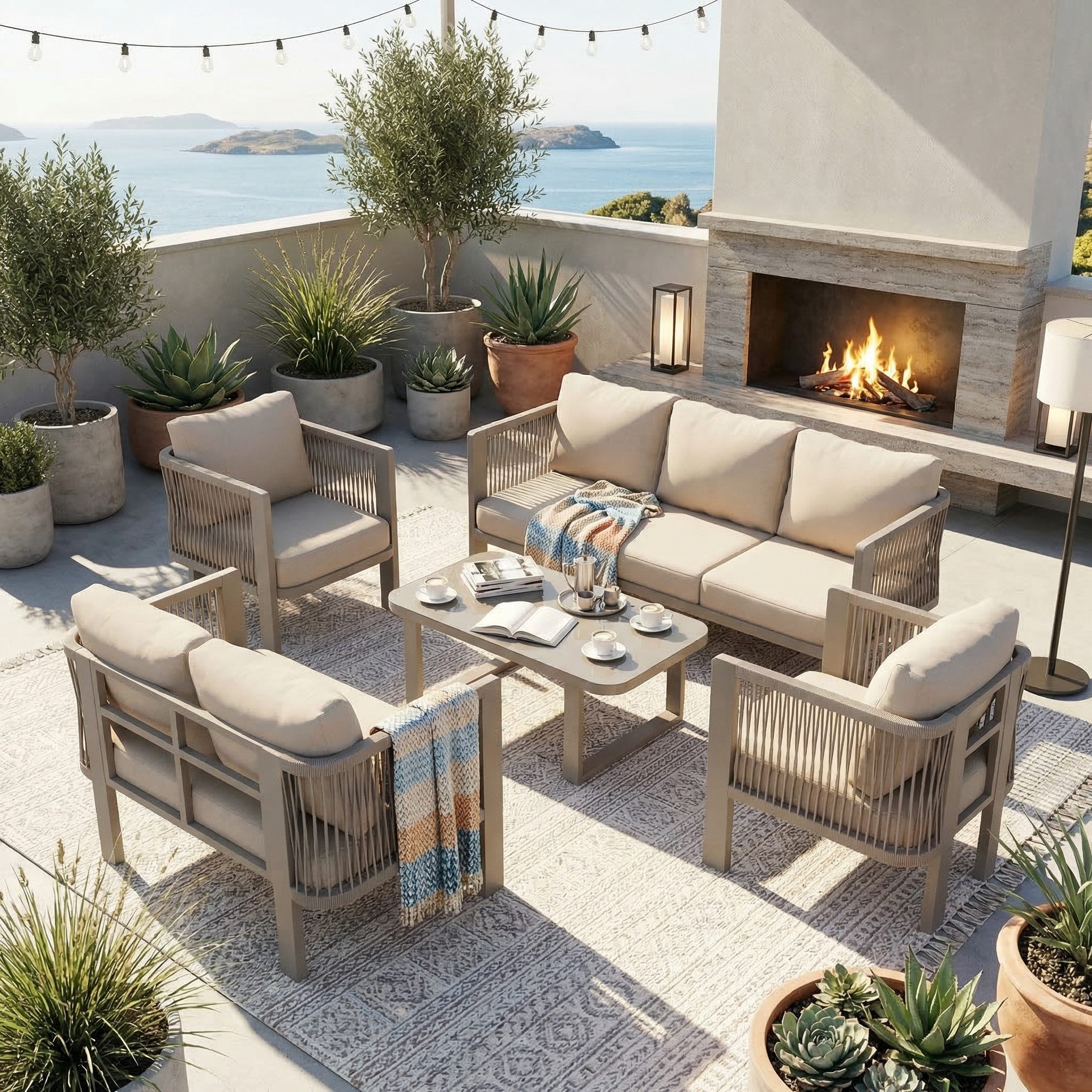 Flieks Gartenlounge-Set, 7-Sitzer Gartenmöbel-Set Sitzgruppe mit Glastischplatte, Teslin-Seil