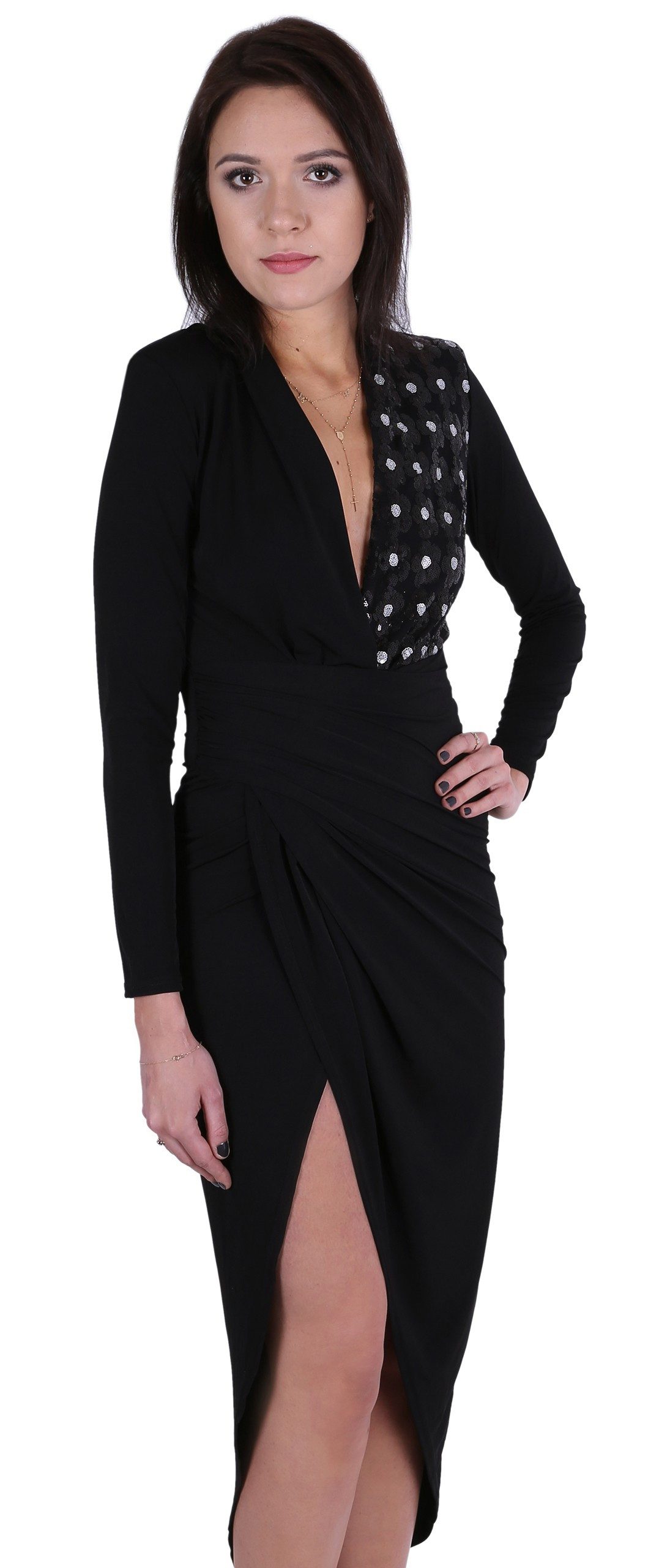 Sarcia.eu Maxikleid John Zack schwarzes Maxi-Kleid mit Pailetten und Drapierung S