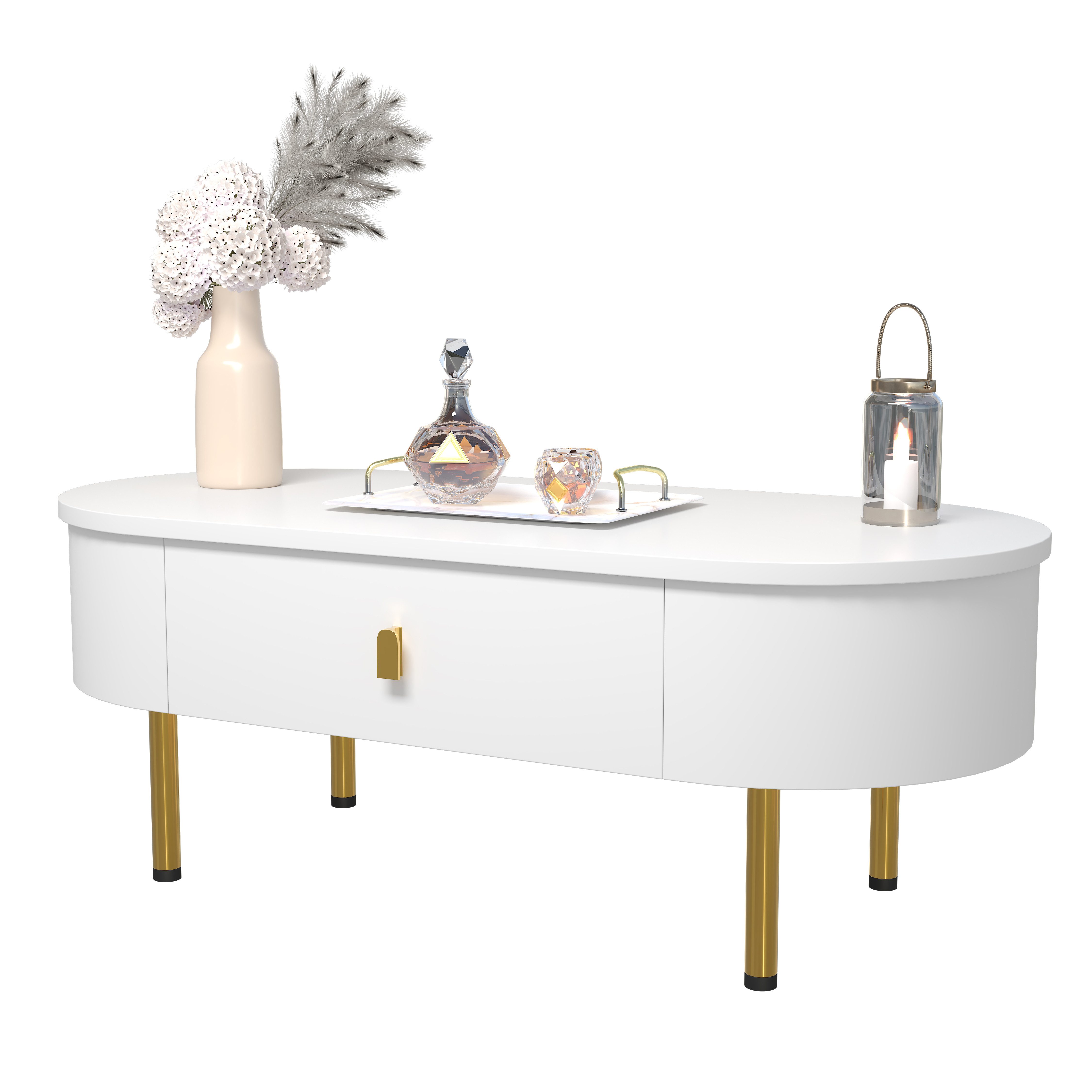 MODFU Couchtisch in Weiß mit Goldenen Akzenten (Satztisch, Wohnzimmertisch, Beistelltisch, 1-St., zwei Schubladen), mit gebogenen Ecken