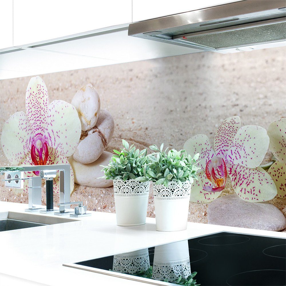DRUCK-EXPERT Küchenrückwand Küchenrückwand Orchideen Weiß Premium Hart-PVC 0,4 mm selbstklebend