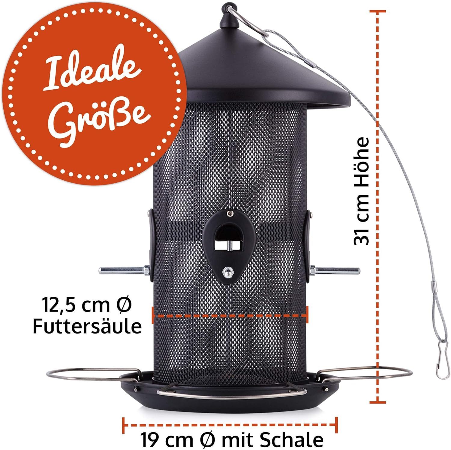 Zooprinz Futterstation Premium XL Vogelfutterspender mit Sitzringen Vogelfutterhaus, Stahlseil, witterungsbeständig und langlebig, Metall Futtersilo
