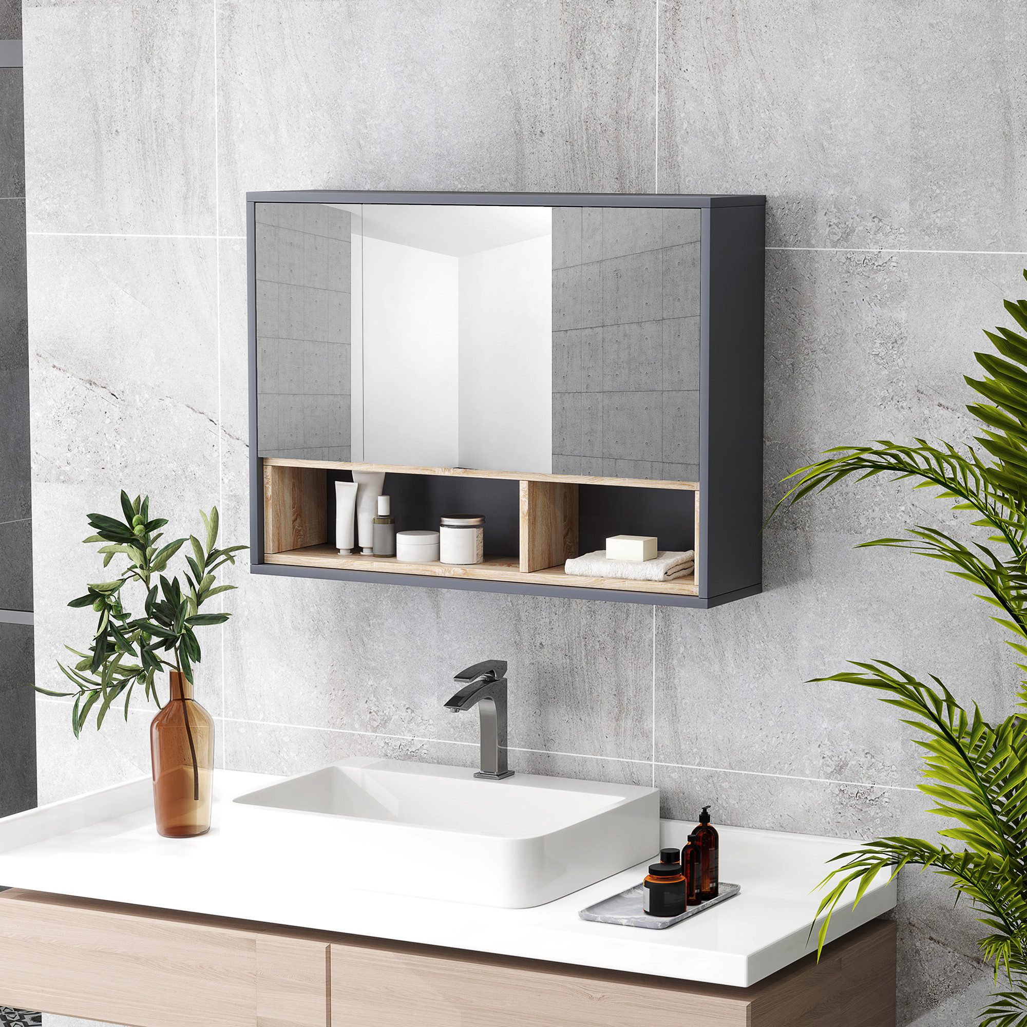 BAYMATE Spiegelschrank Badezimmerschrank mit Spiegel, wandhängender WC-Schrank (mit 3 Türen und 8 Fächern, grau) – Bild 4 von 5