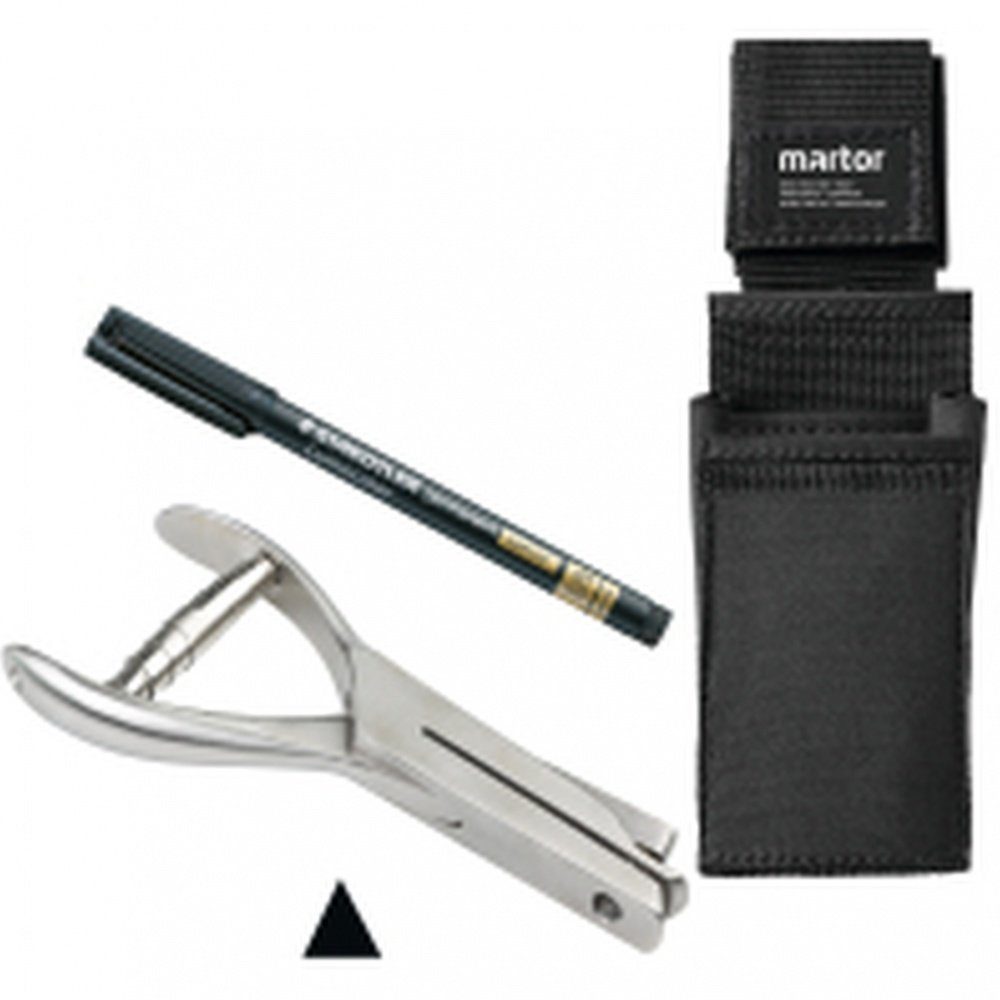 Hinweisschild Set zur Prüfplak.markierung,Lochzange,Faserschreiber,Gürteltasche