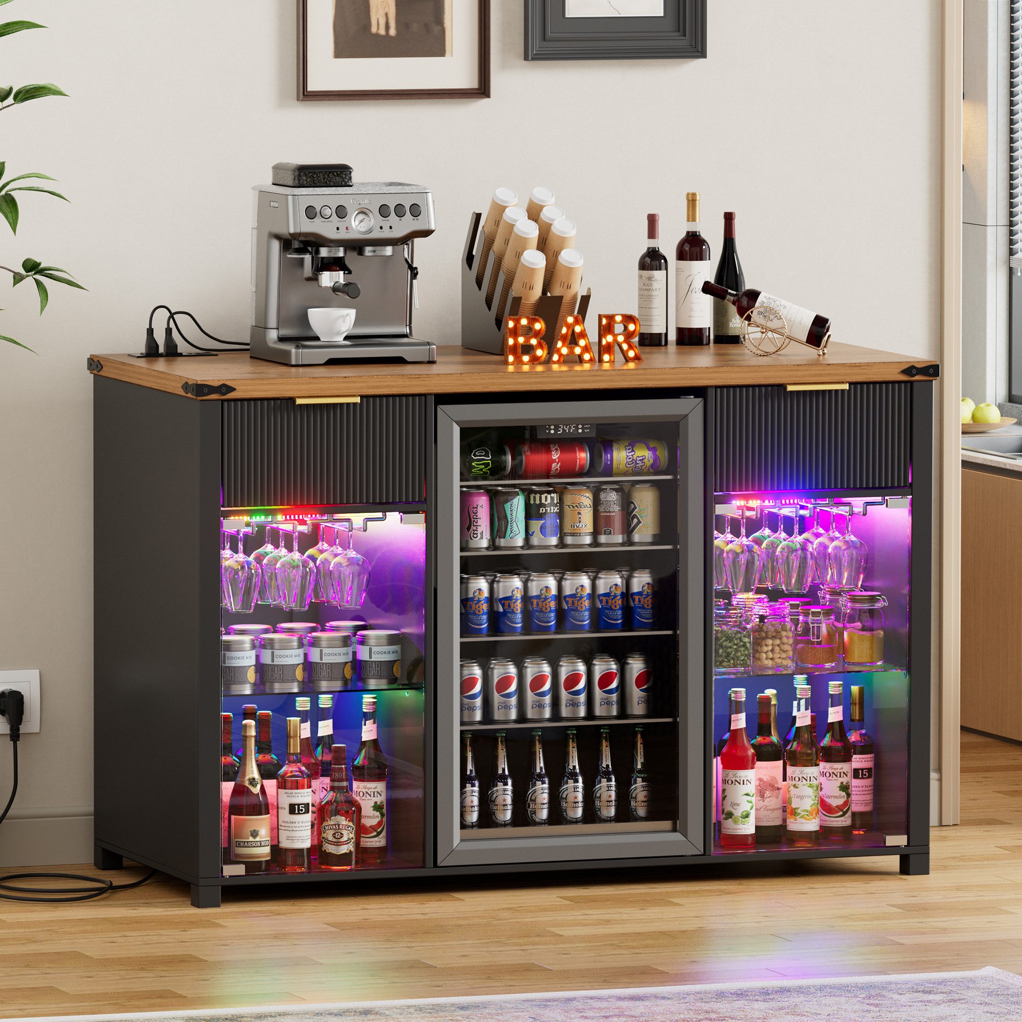 PEALOV Barschrank 3-in-1 Barschrank mit LED, Weinregal und Steckdosen, 135 x 50 x 98 cm (1-St) Buffetschrank mit Stauraum für Mini-Kühlschrank, Küche & Wohnzimmer