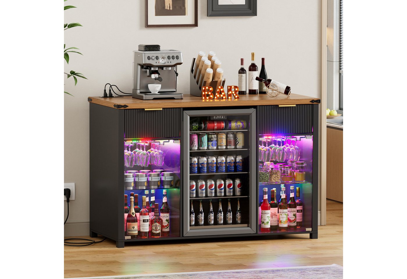PEALOV Barschrank 3-in-1 Barschrank mit LED, Weinregal und Steckdosen, 135 x 50 x 98 cm (1-St) Buffetschrank mit Stauraum für Mini-Kühlschrank, Küche & Wohnzimmer