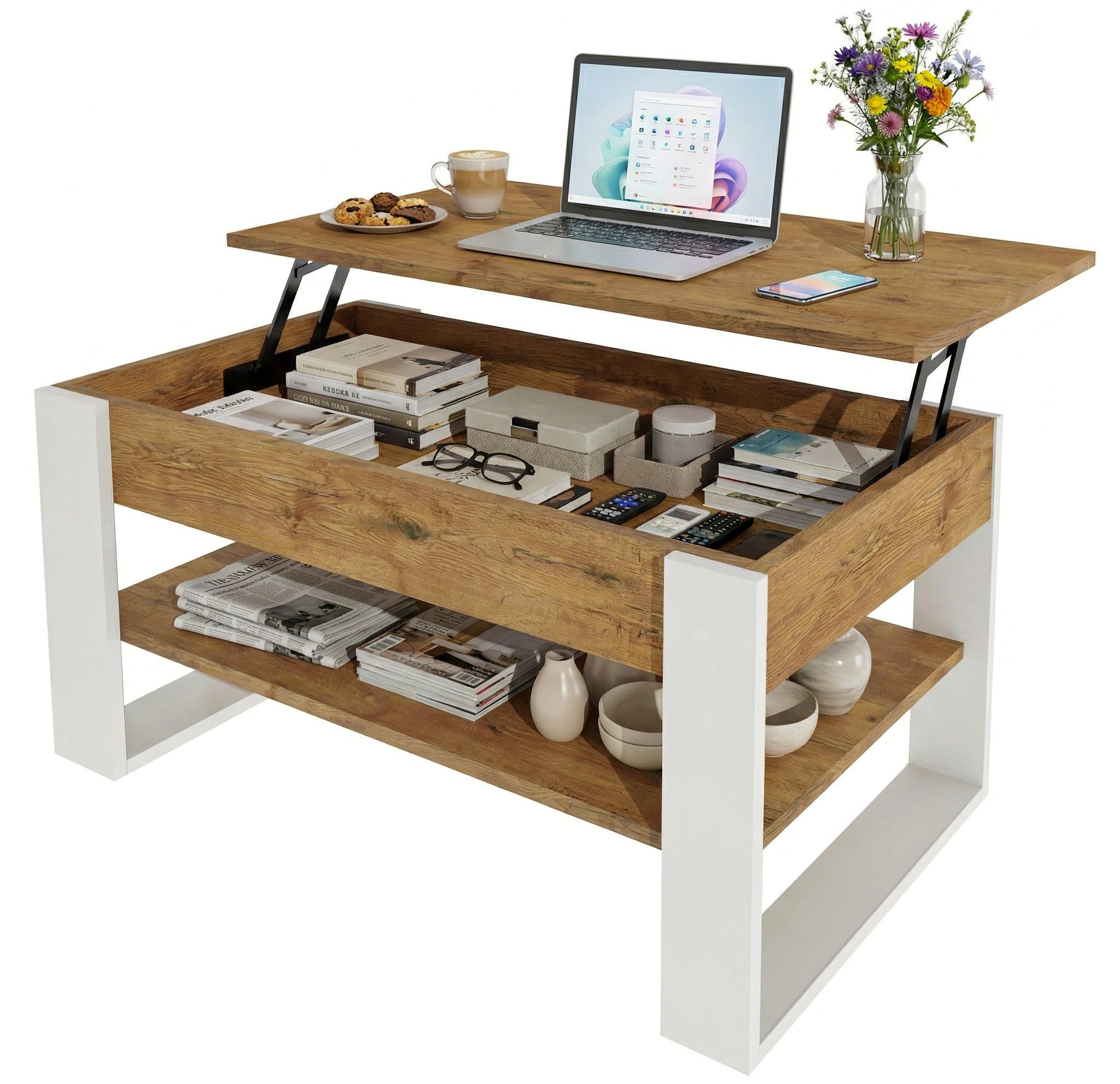TREND WERK Couchtisch Lift-Couchtisch höhenverstellbar Sofatisch 92×54 cm mit Stauraum, verstecktem Fach Wohnzimmertisch Holz modern