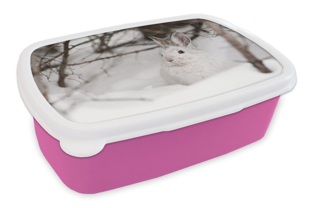 MuchoWow Lunchbox Hase - Winter - Pflanze, Kunststoff, (2-tlg), Brotbox für Erwachsene, Brotdose Kinder, Snackbox, Mädchen, Kunststoff rosa