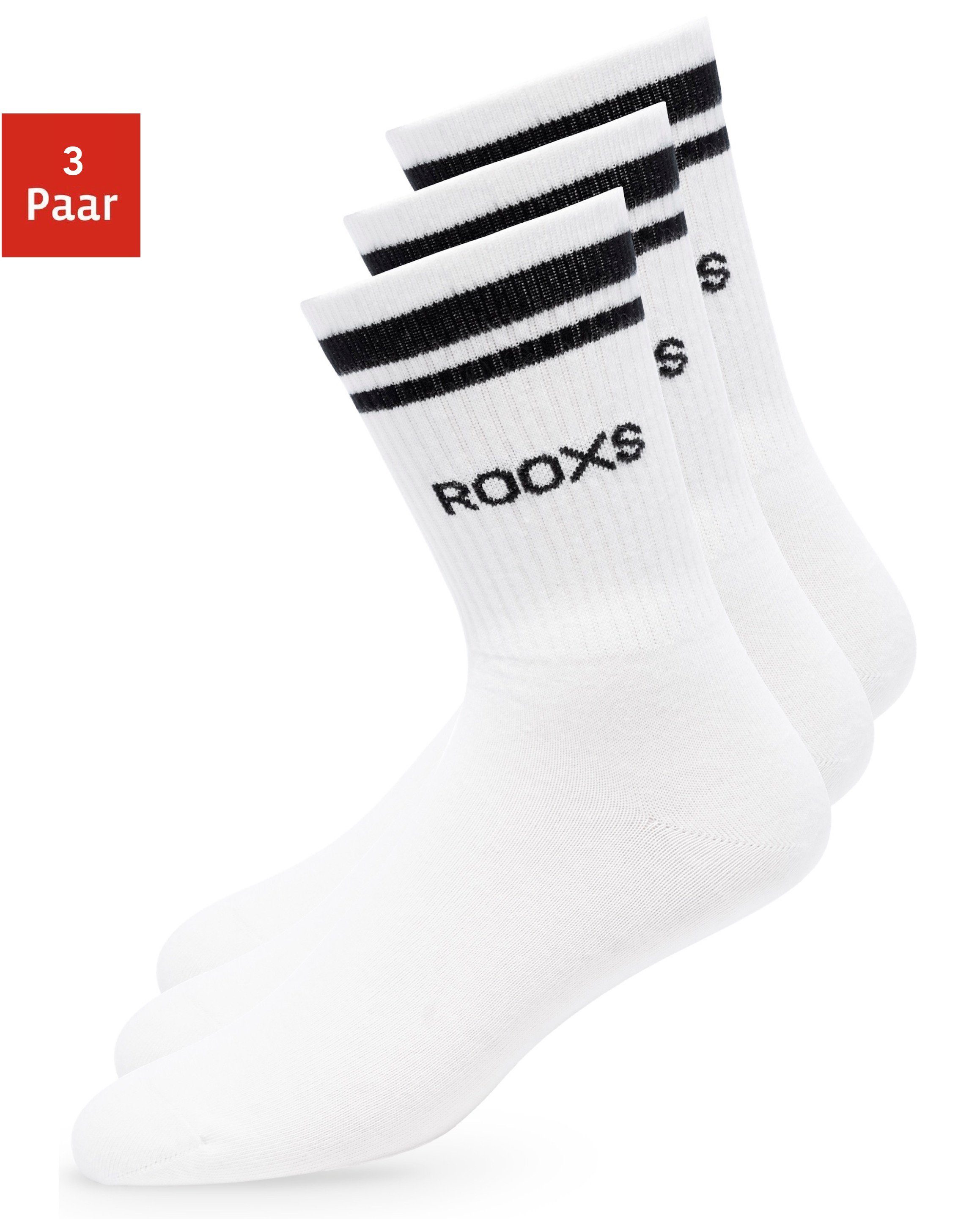 ROOXS Sportsocken Hohe Tennissocken für Damen & Herren (3-Paar) Retro Socken mit streifen, Made in EU 02 Weiß