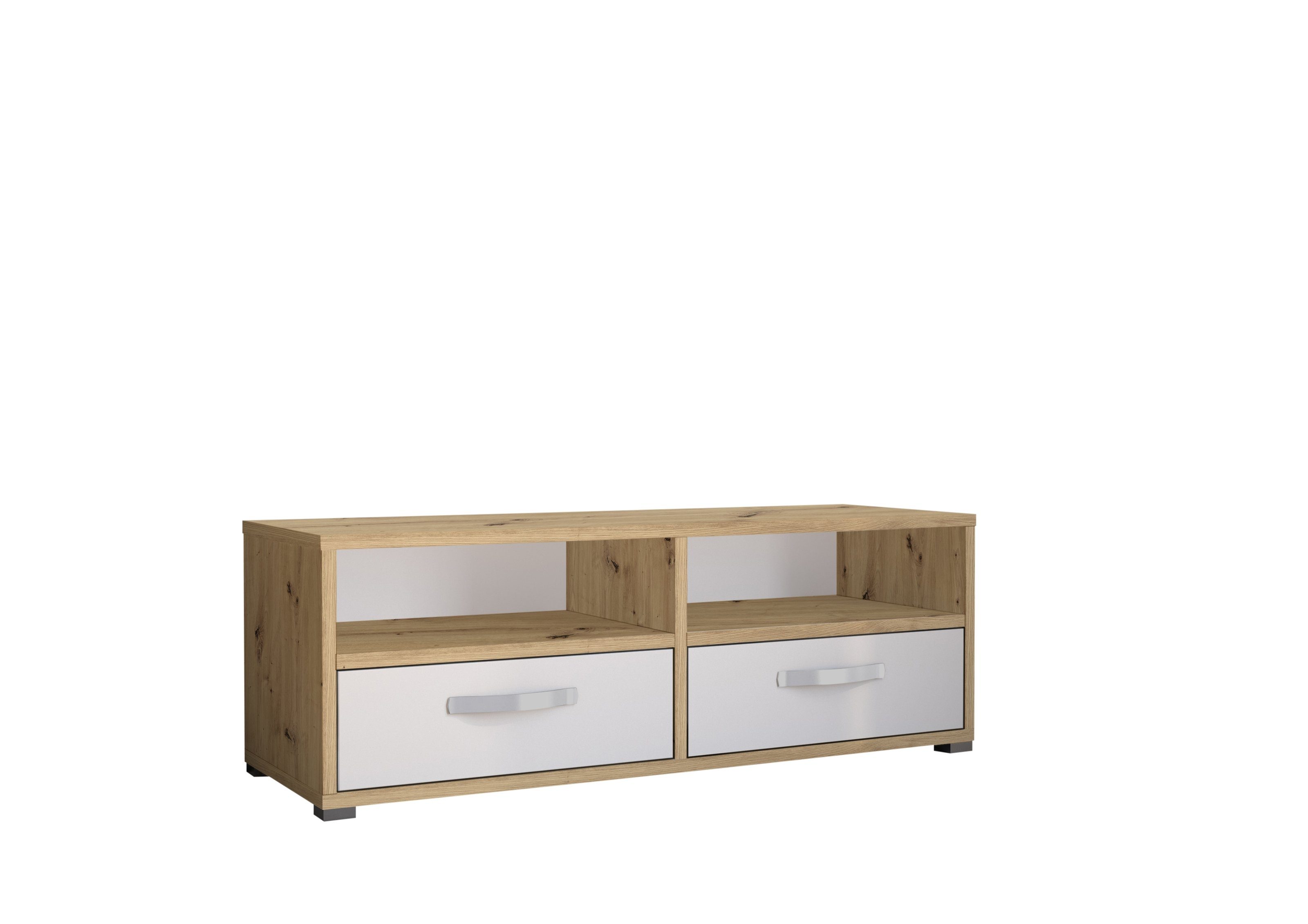 möbelando TV-Schrank Melina Modernes TV-Lowboard aus Spanplatte, Korpus in  Artisan Eiche Nachbildung, Front in Weiß mit 2 Schubkästen und 2 offenen  Fächern. Breite 120 cm, Höhe 45 cm, Tiefe 45 cm