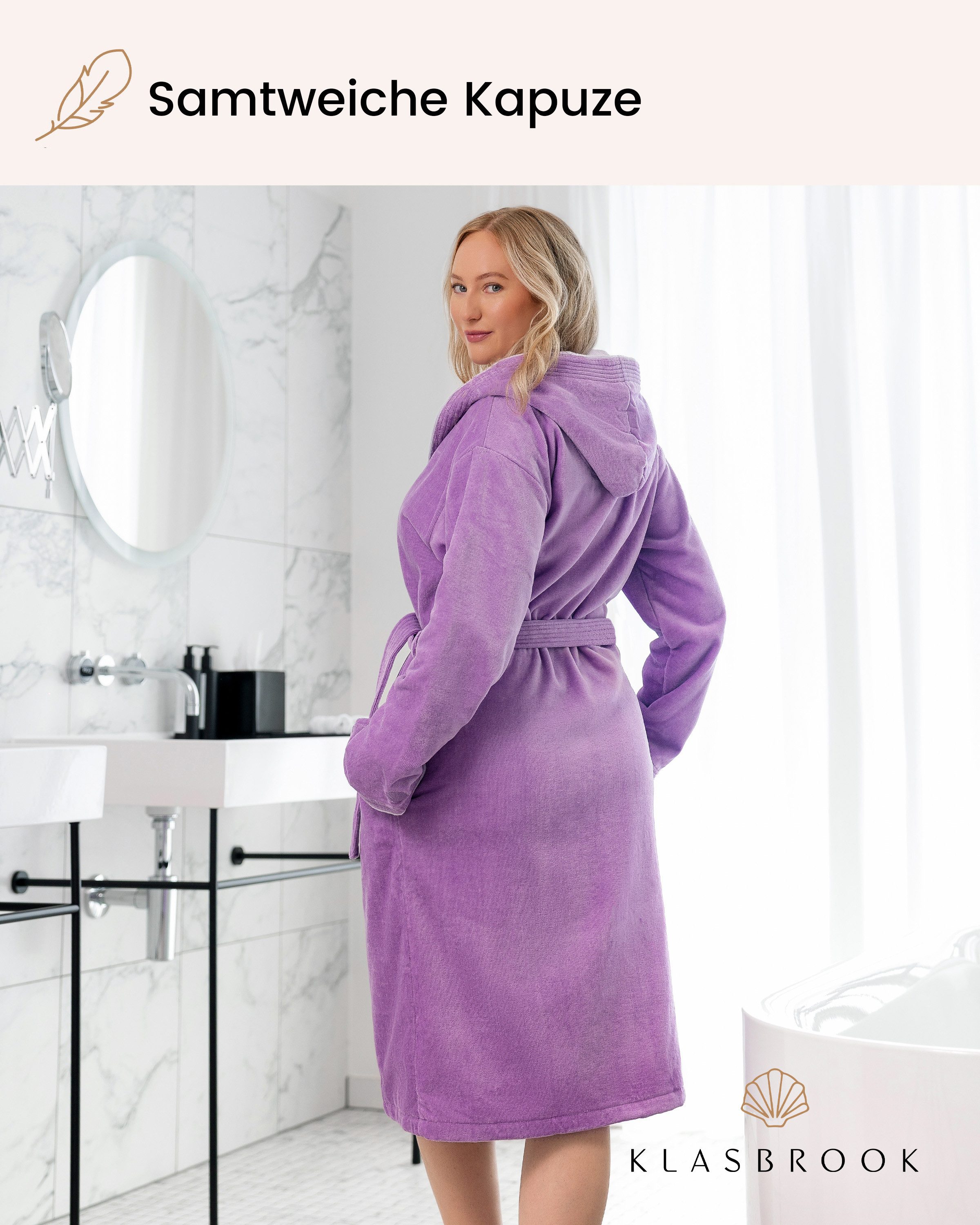 KLASBROOK Damenbademantel Lina, Kapuze, mit Kapuze aus 100% Baumwolle, Tasche mit Reißverschluss, flauschig